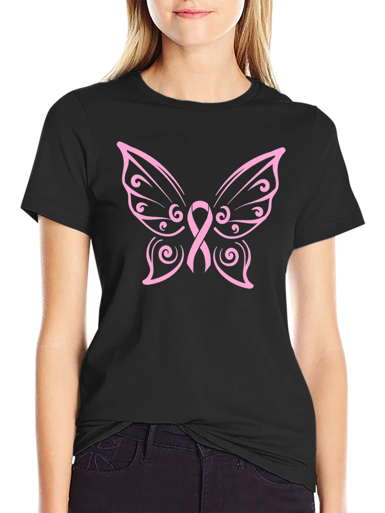 Butterfly Ribbon Graphic Tee - Breast Cancer Awareness