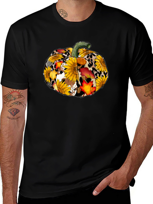 Fall Pumpkin T-Shirt: Sunflower Leopard & Autumn Leaves Design
