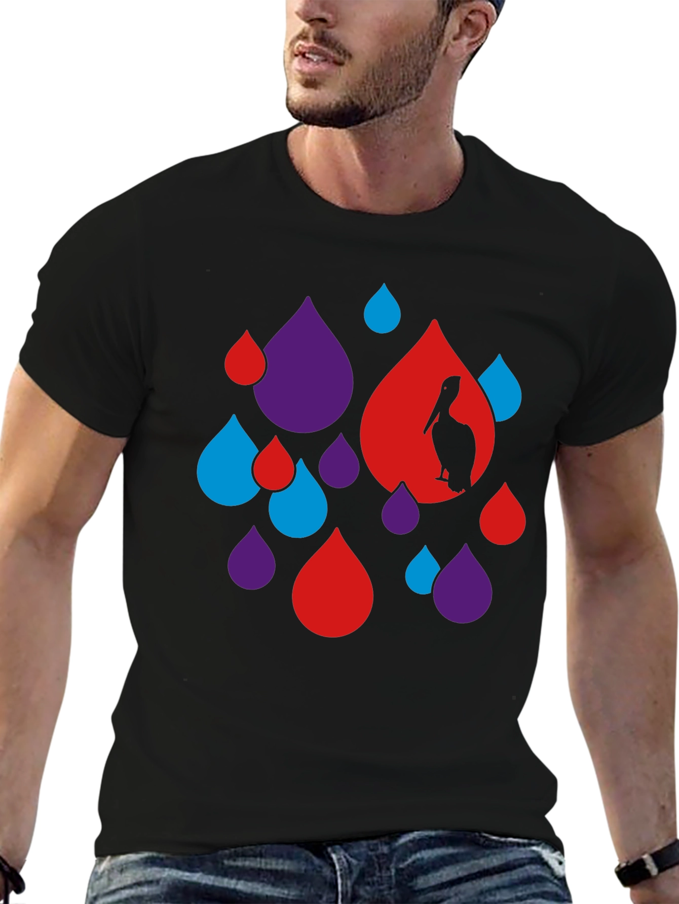 Abstract Pelican Graphic Tee - Black Cotton Blend T-Shirt