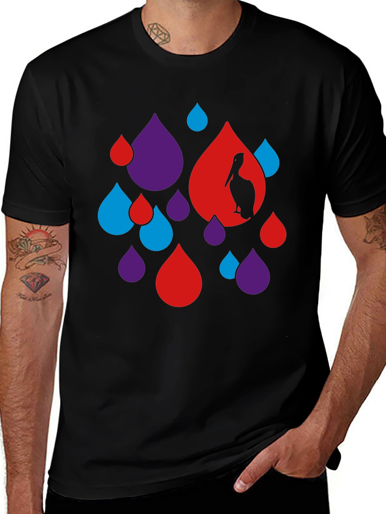 Abstract Pelican Graphic Tee - Black Cotton Blend T-Shirt