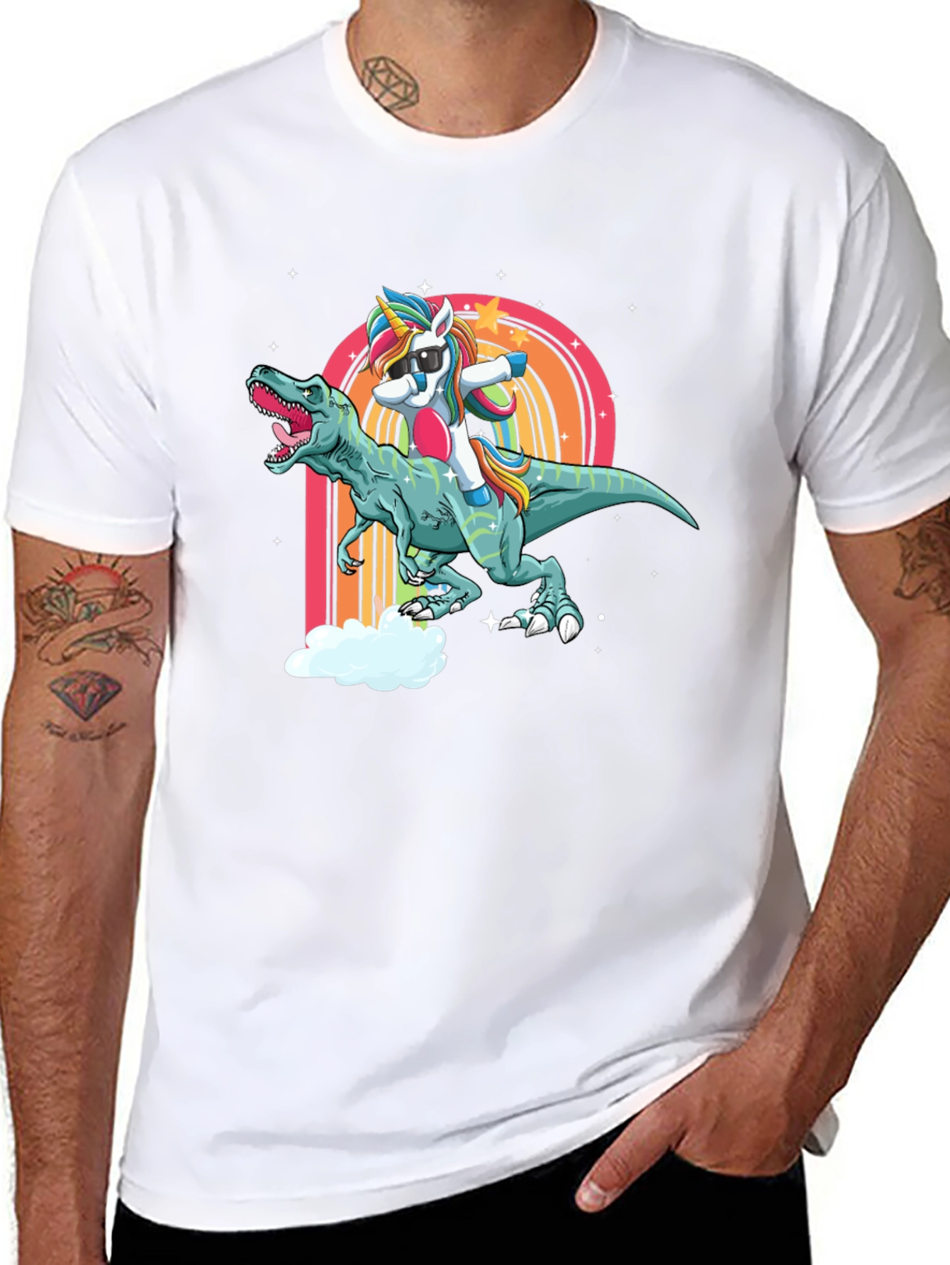Dabbing Unicorn Riding Dinosaur Mens T-Shirt
