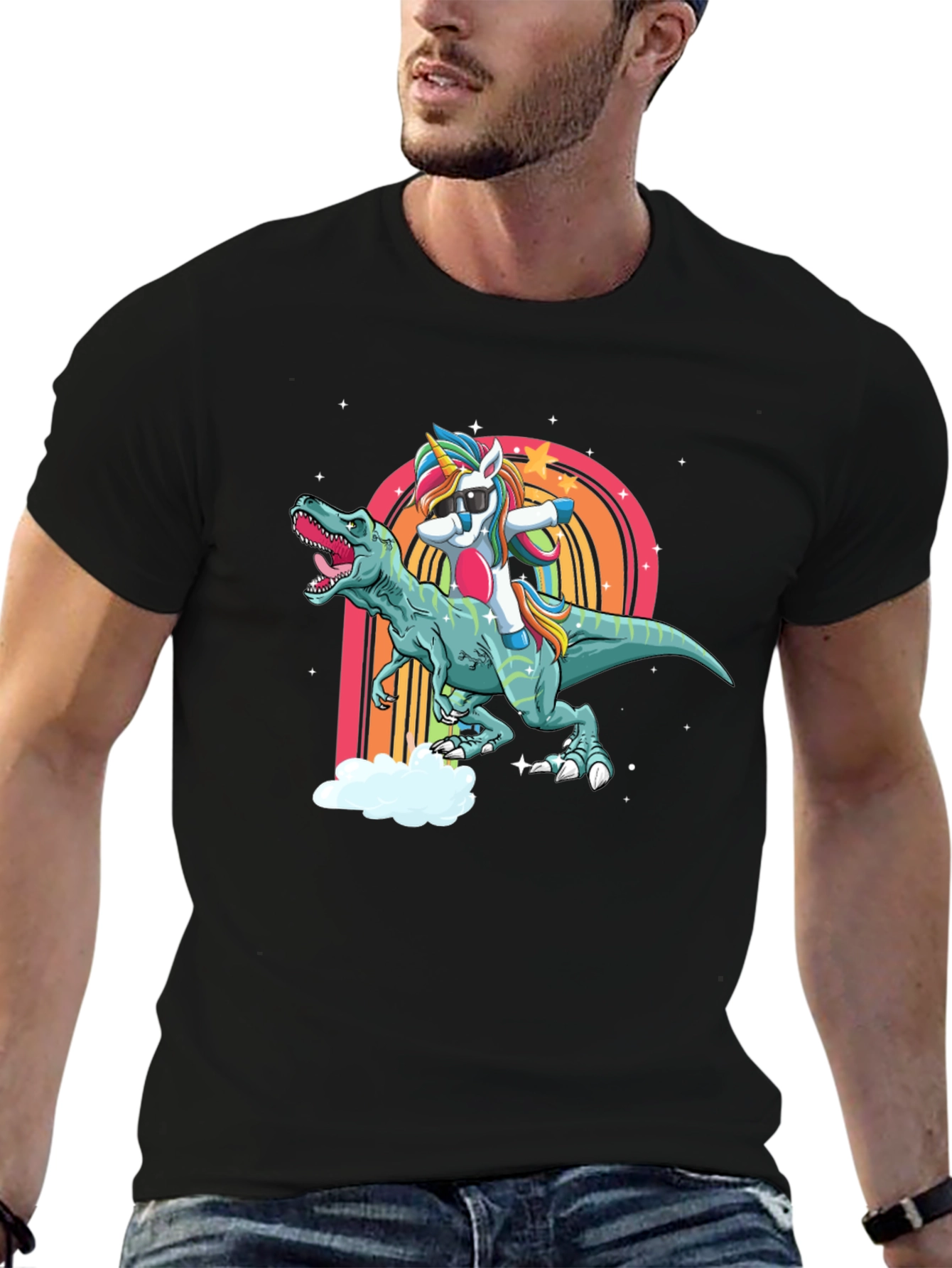 Dabbing Unicorn Riding Dinosaur Mens T-Shirt