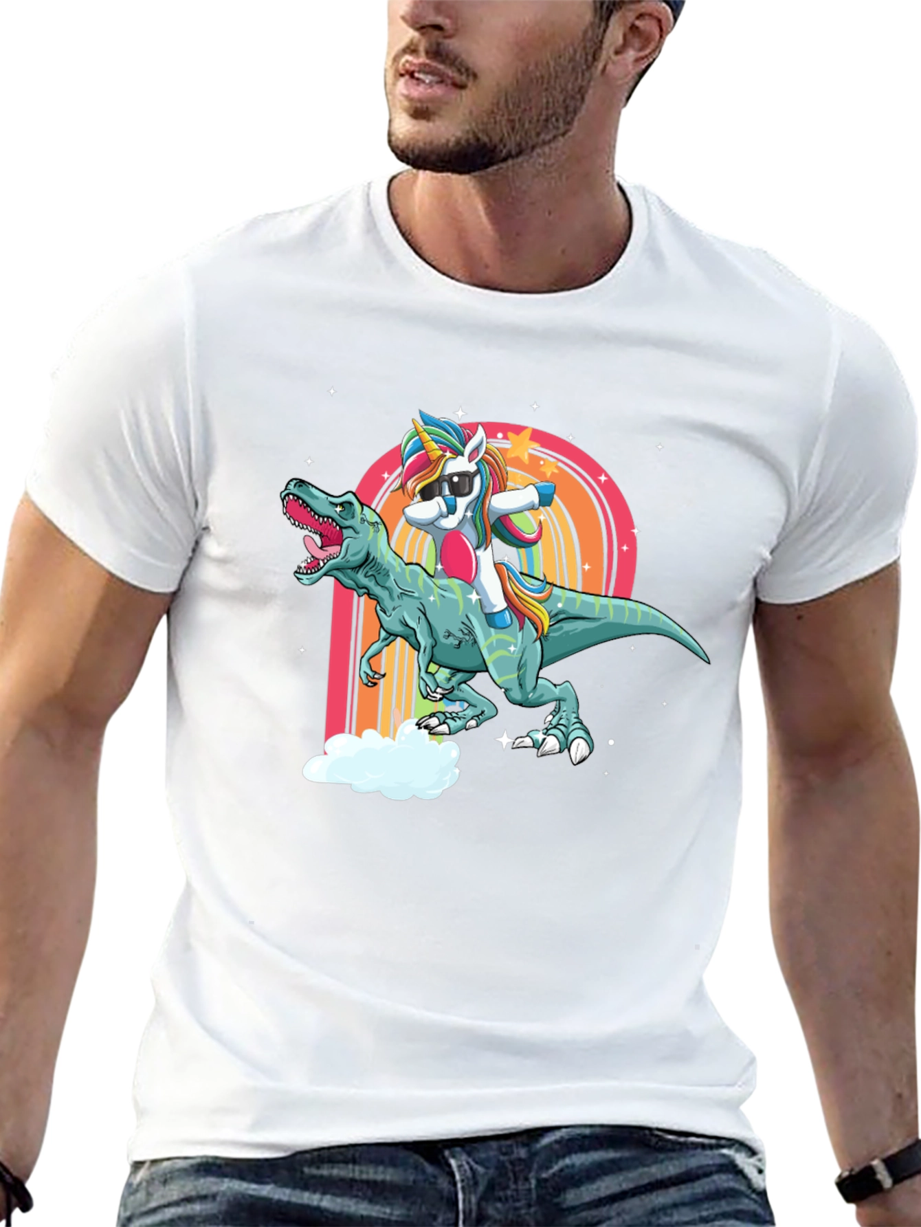 Dabbing Unicorn Riding Dinosaur Mens T-Shirt