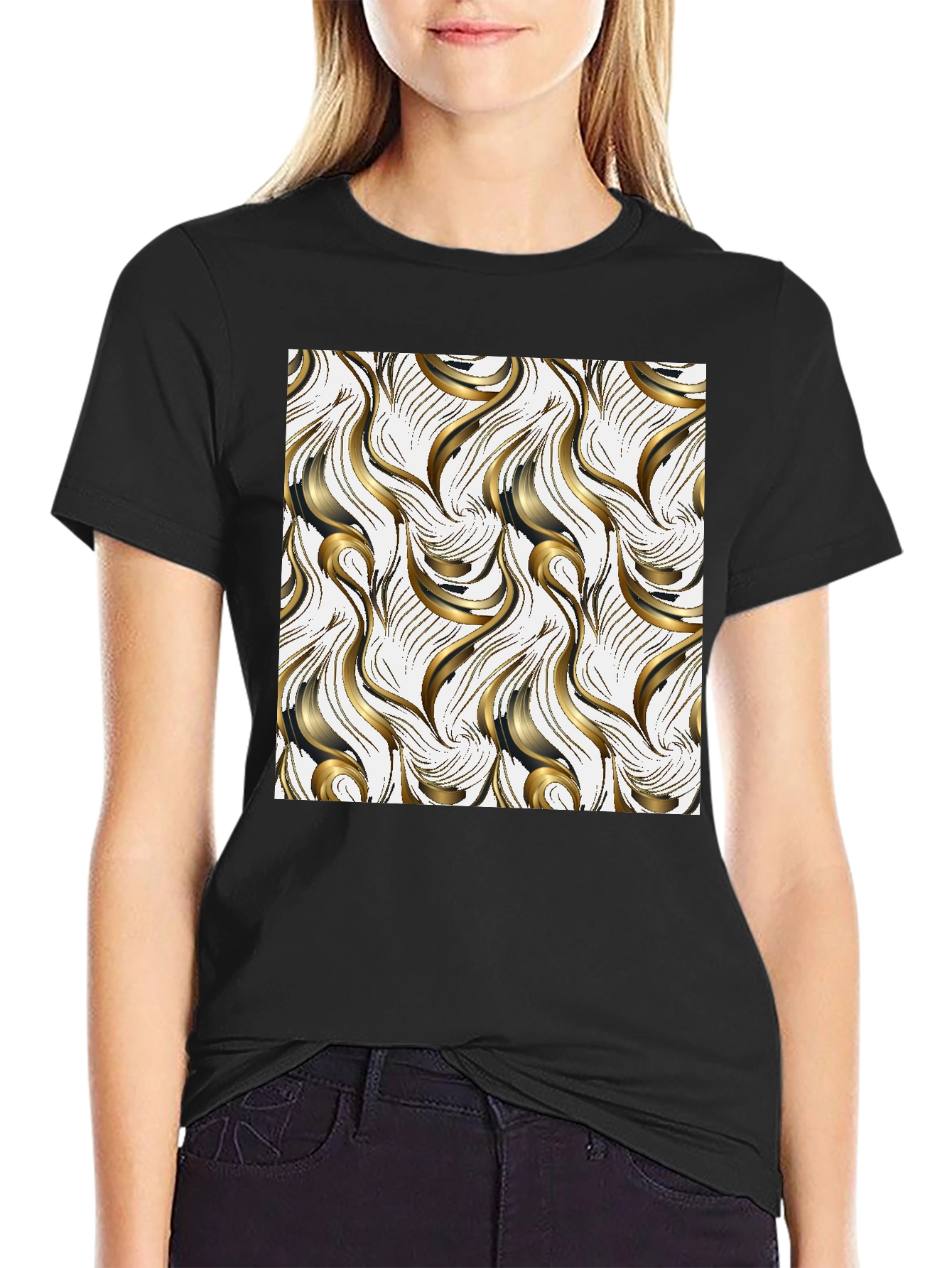 Stylish Black T-Shirt with Abstract Gold Design