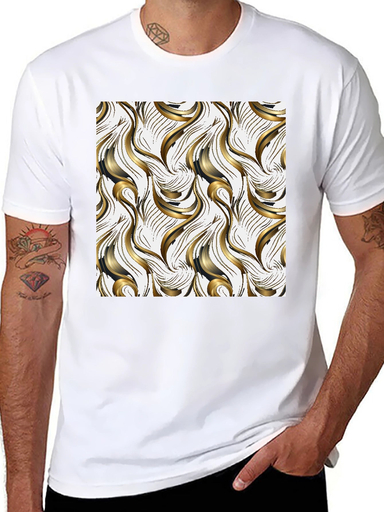 Stylish Black T-Shirt with Abstract Gold Design