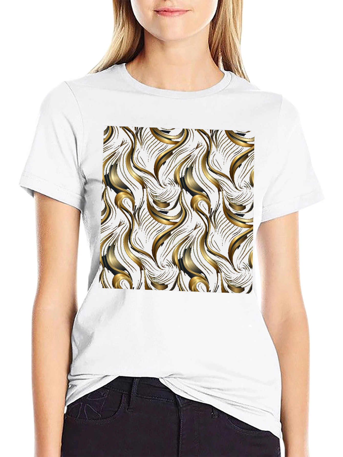 Stylish Black T-Shirt with Abstract Gold Design