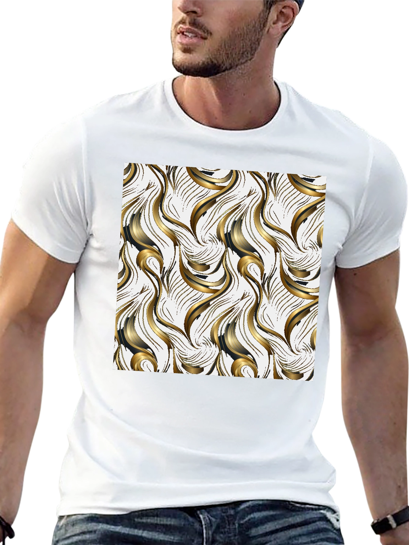 Stylish Black T-Shirt with Abstract Gold Design