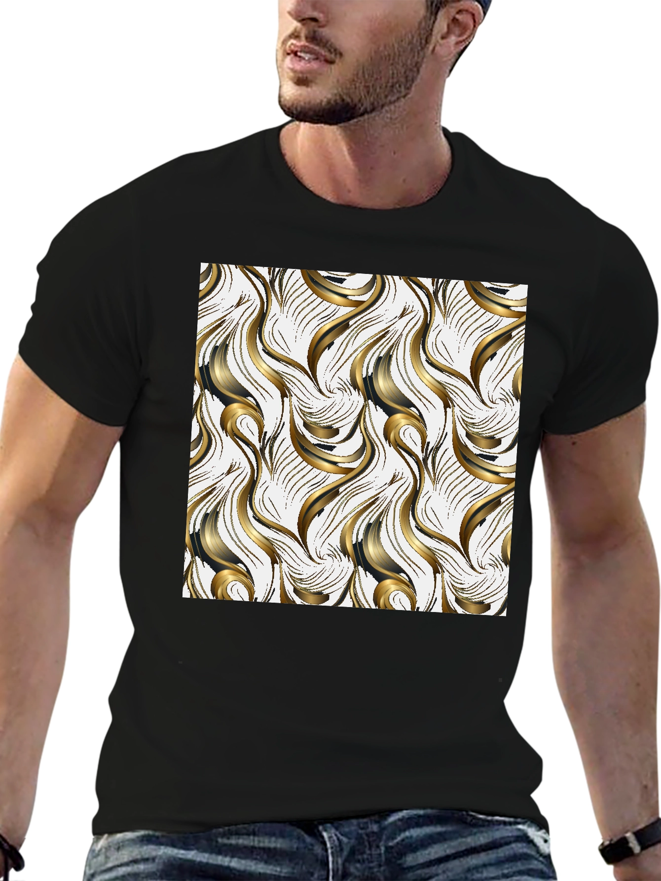 Stylish Black T-Shirt with Abstract Gold Design