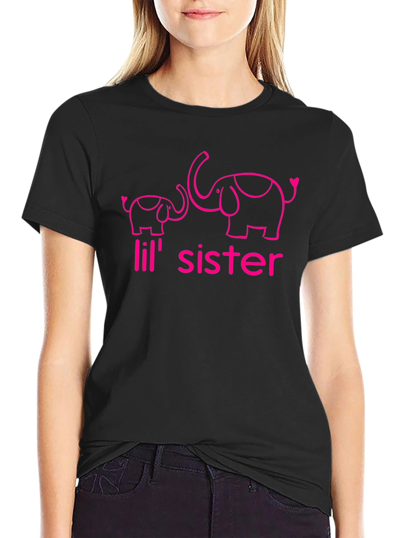 Cute Lil Sister Elephant Graphic Tee - Black