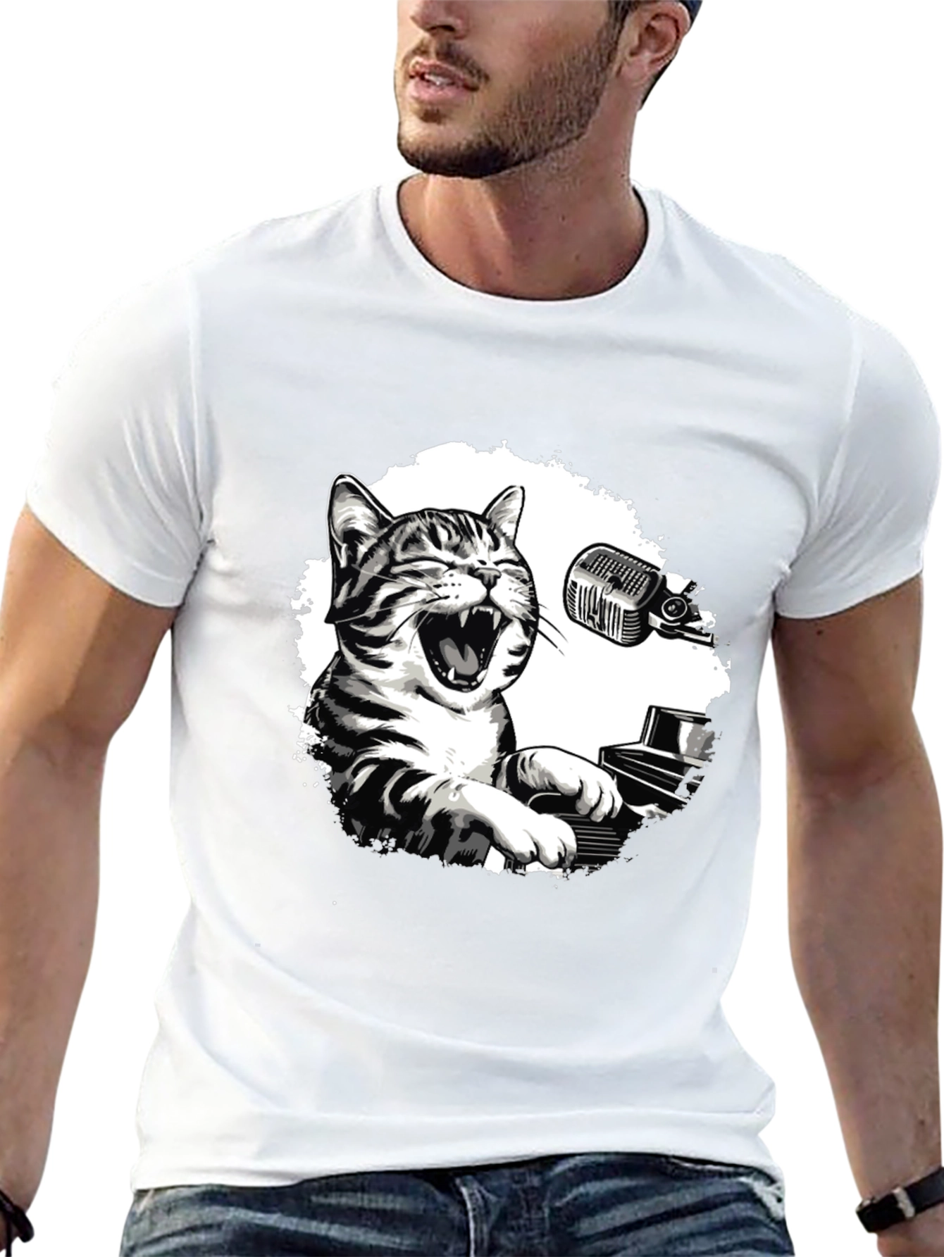 Cool Cat Piano Player Graphic T-Shirt