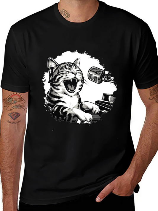 Cool Cat Piano Player Graphic T-Shirt