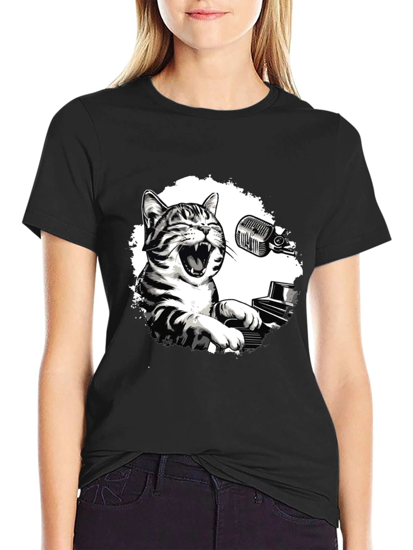 Cool Cat Piano Player Graphic T-Shirt