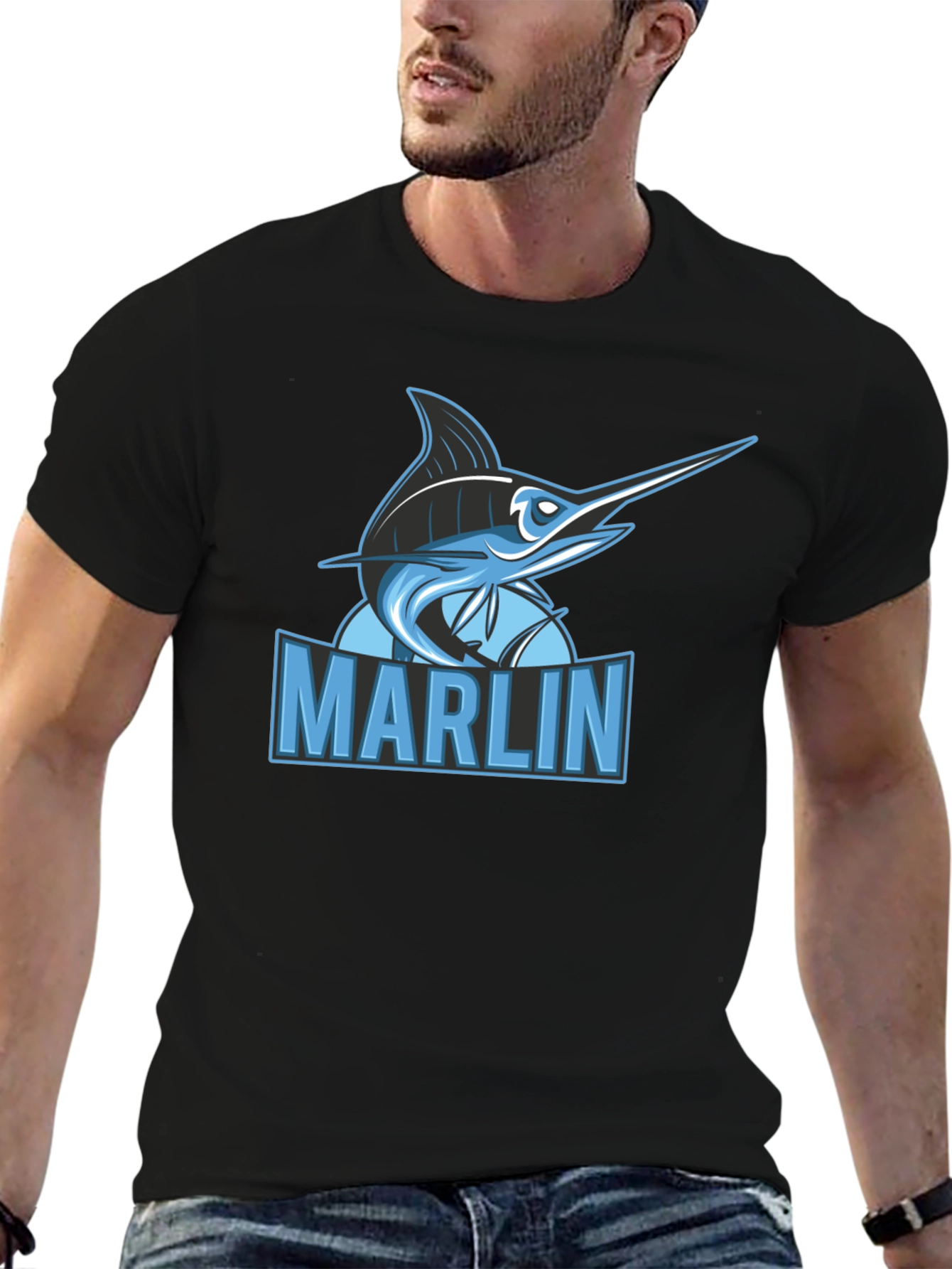Marlin Fish Graphic Print Black T-Shirt