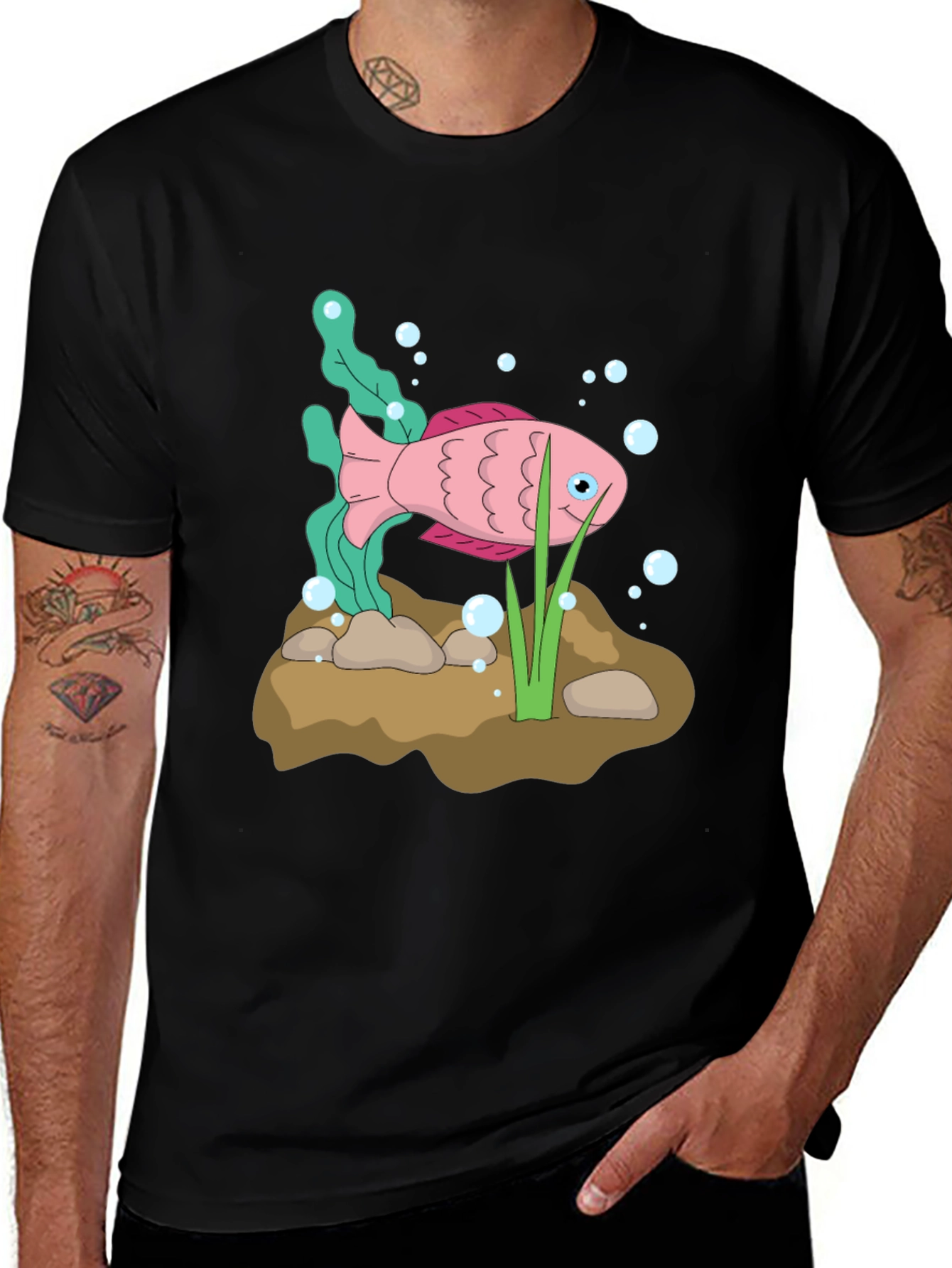 Pink Cartoon Fish Graphic Black T-Shirt