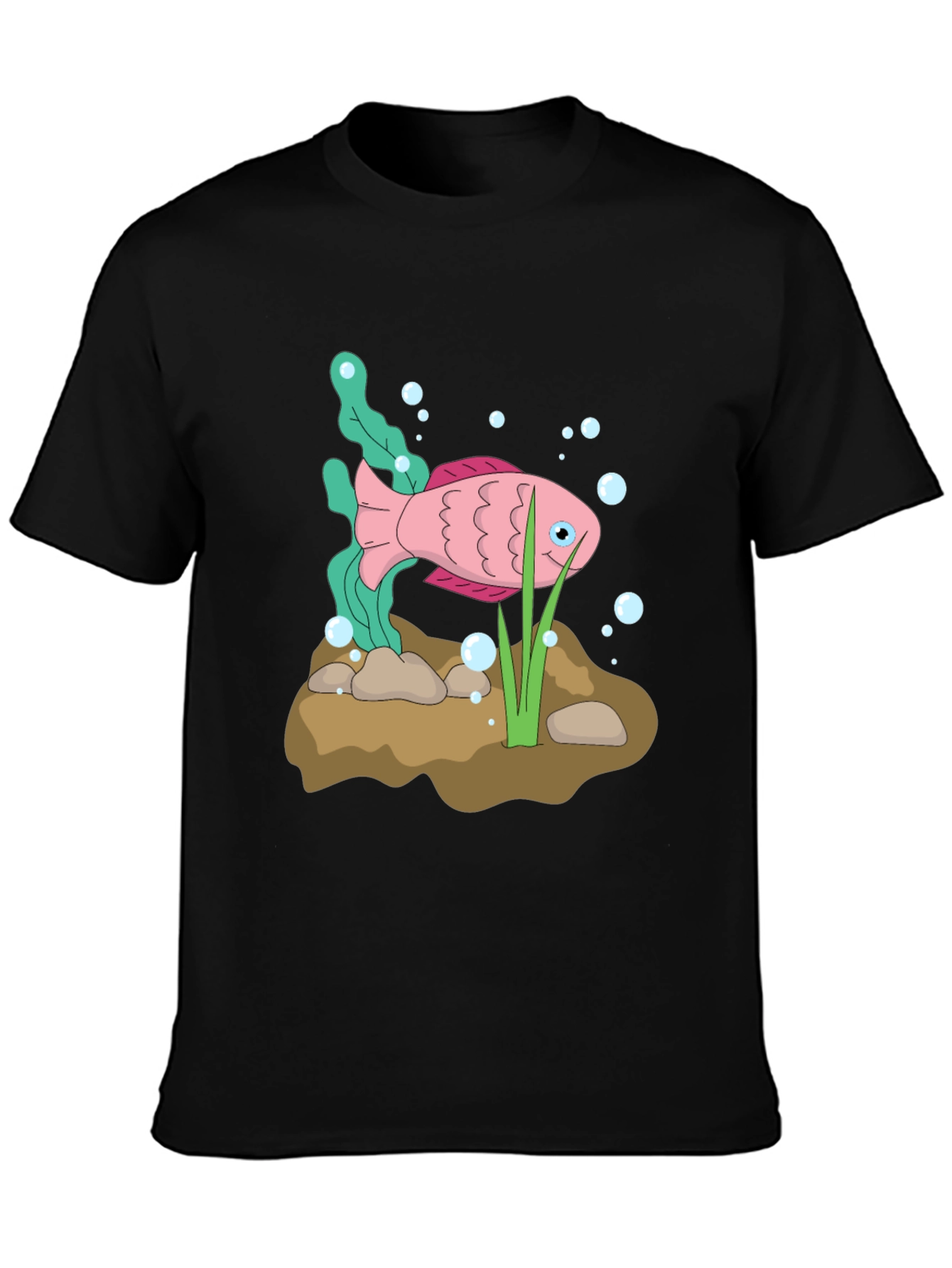 Pink Cartoon Fish Graphic Black T-Shirt