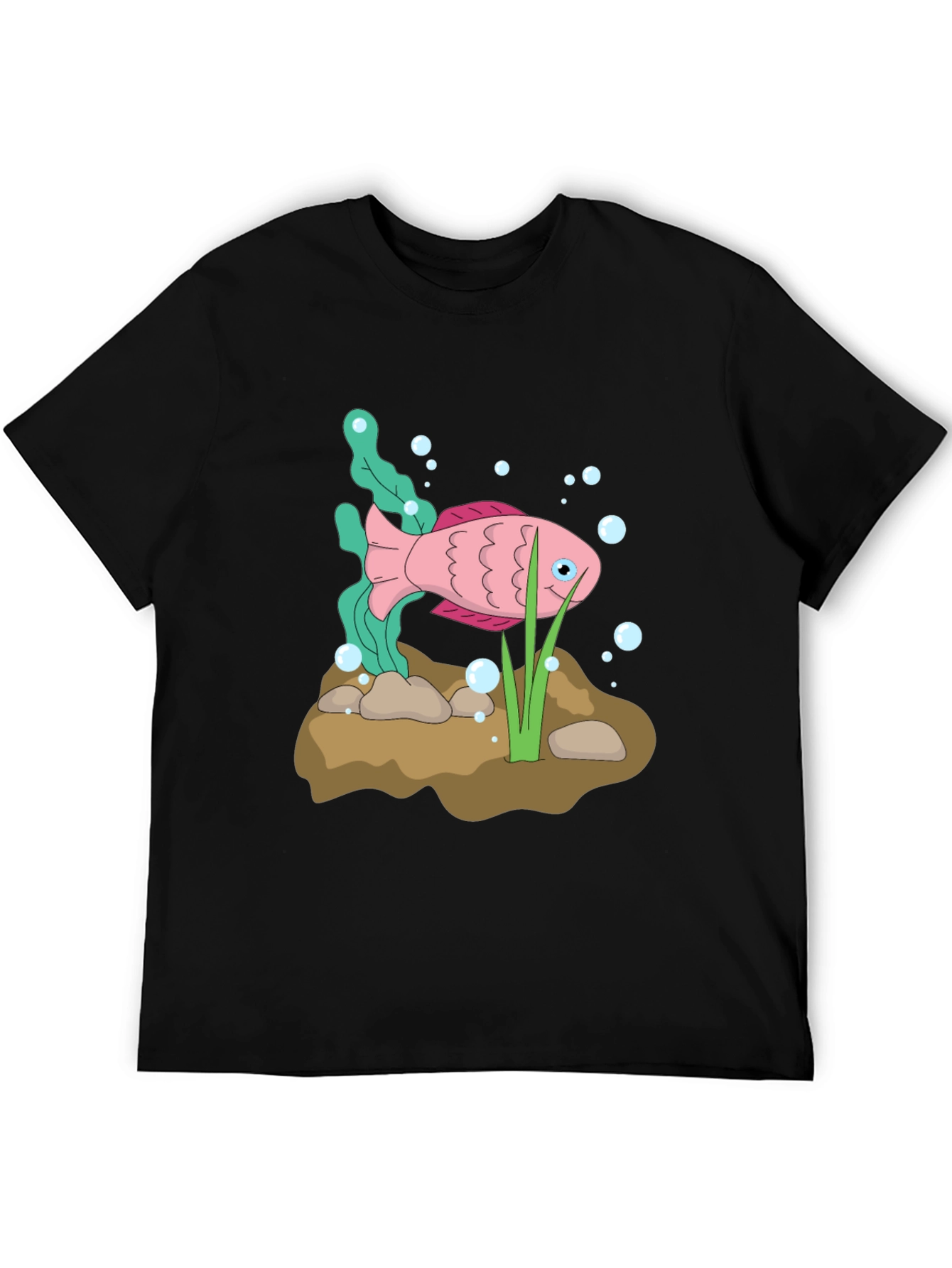 Pink Cartoon Fish Graphic Black T-Shirt