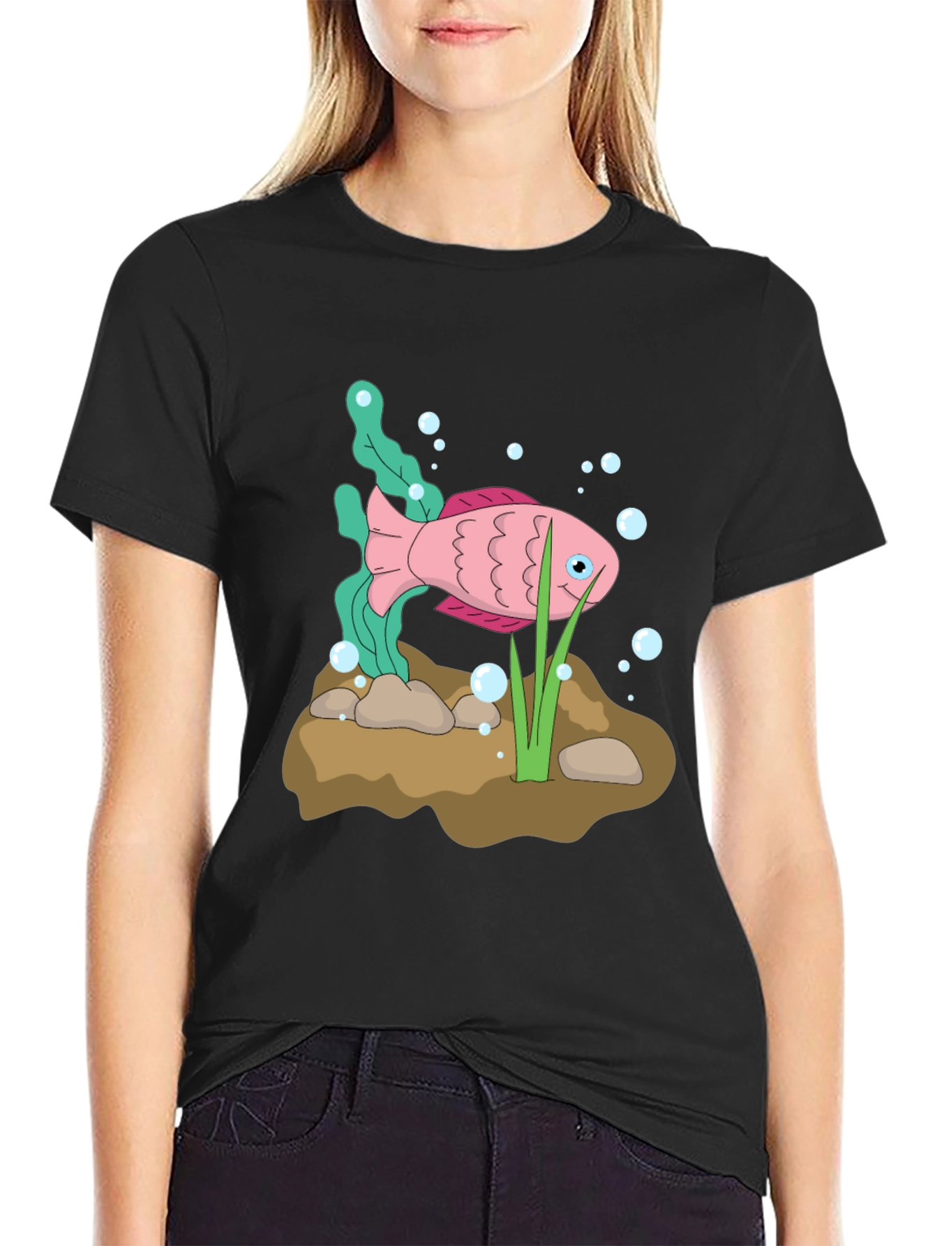 Pink Cartoon Fish Graphic Black T-Shirt