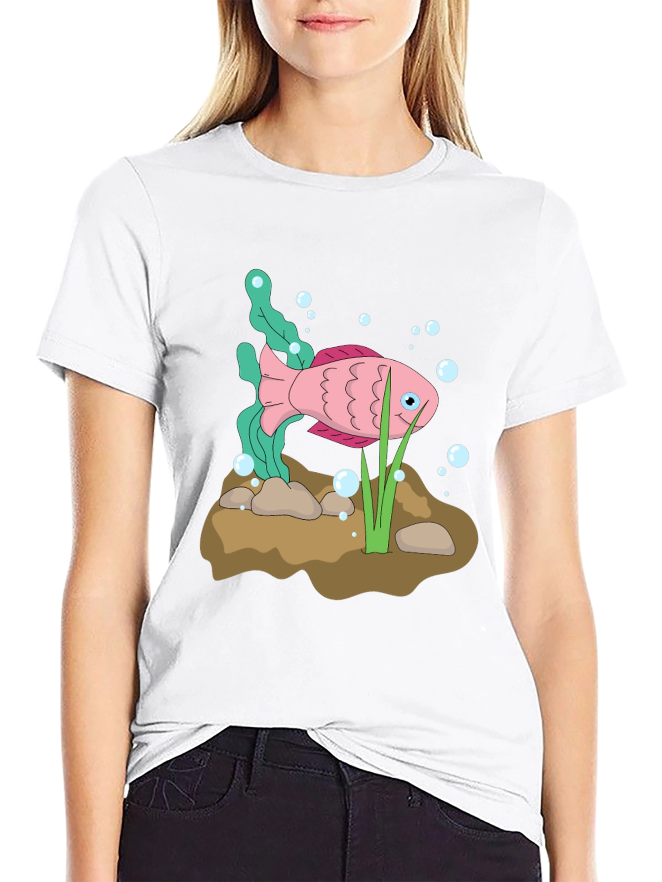 Pink Cartoon Fish Graphic Black T-Shirt