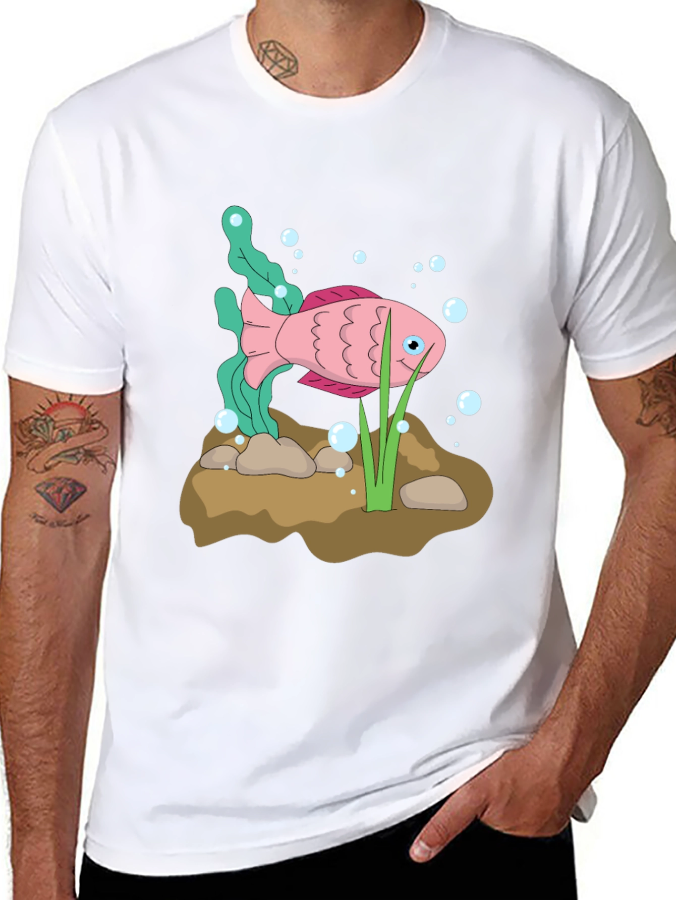Pink Cartoon Fish Graphic Black T-Shirt