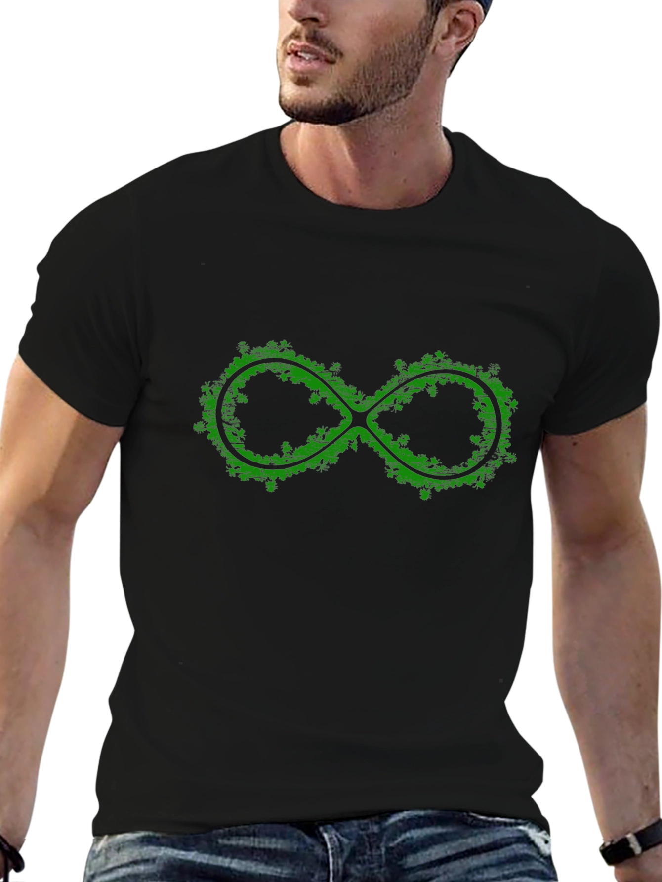 Green Infinity Symbol Graphic Black T-Shirt
