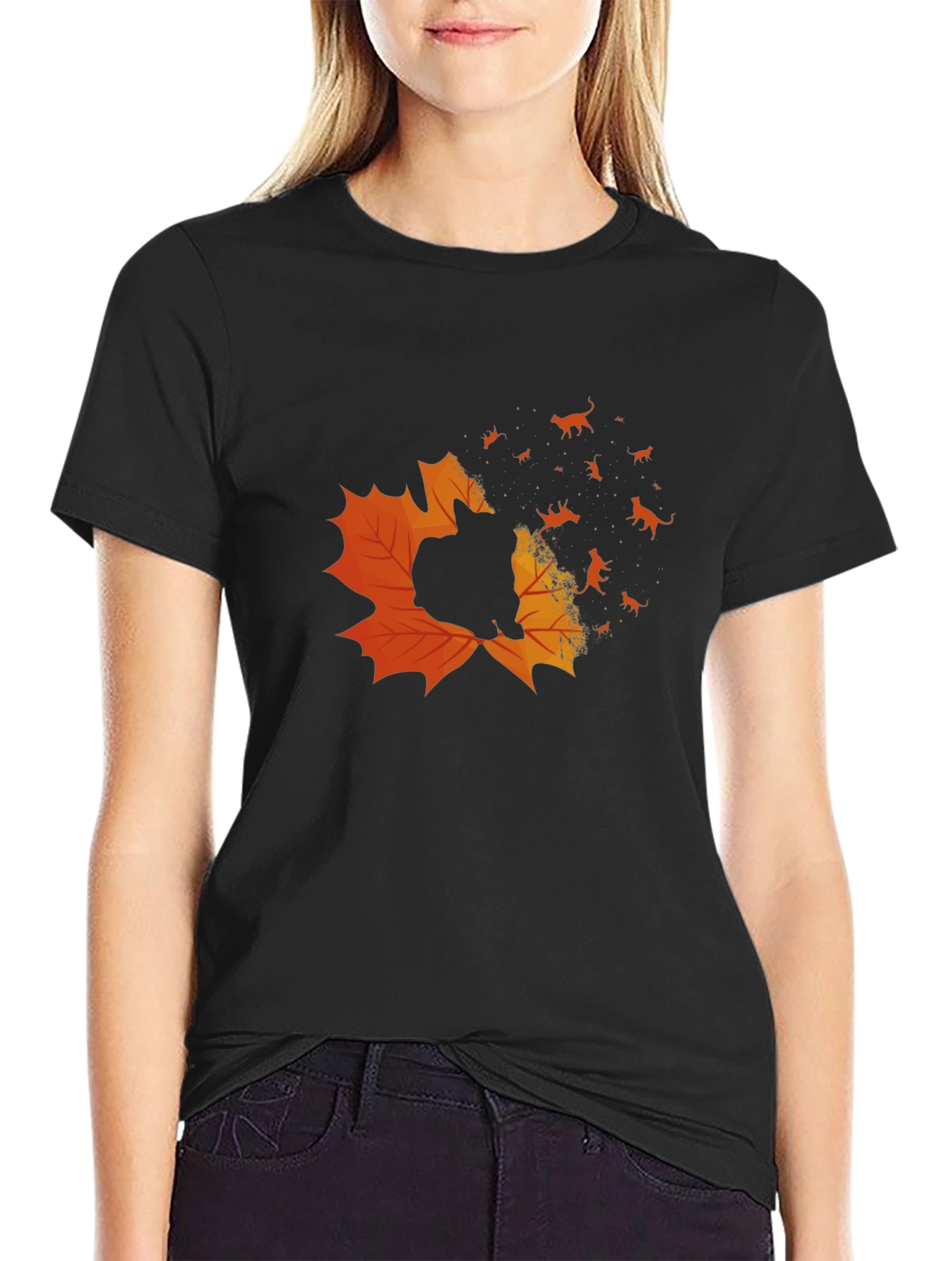 Autumn Cat T-Shirt - Maple Leaf Design