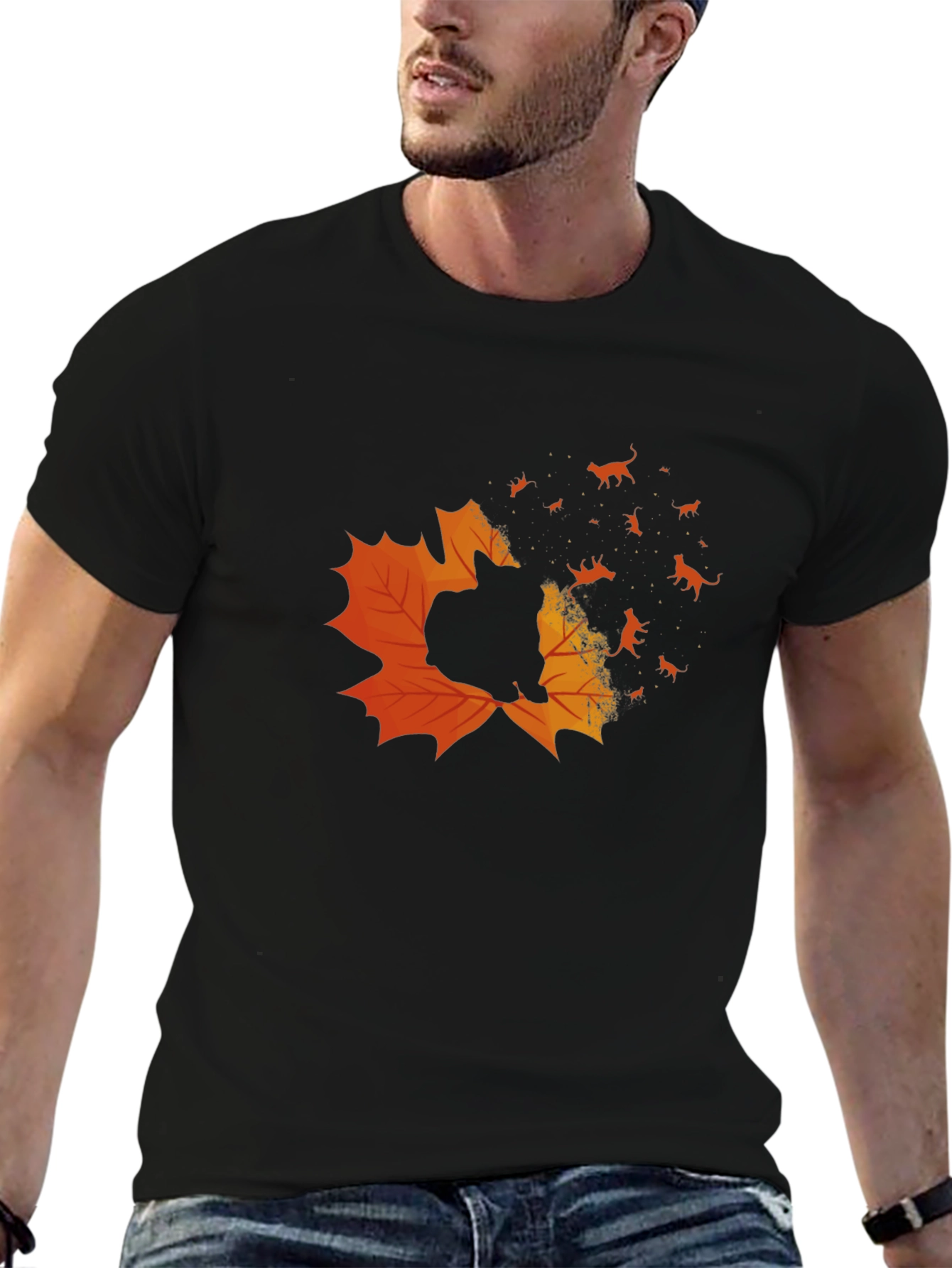 Autumn Cat T-Shirt - Maple Leaf Design