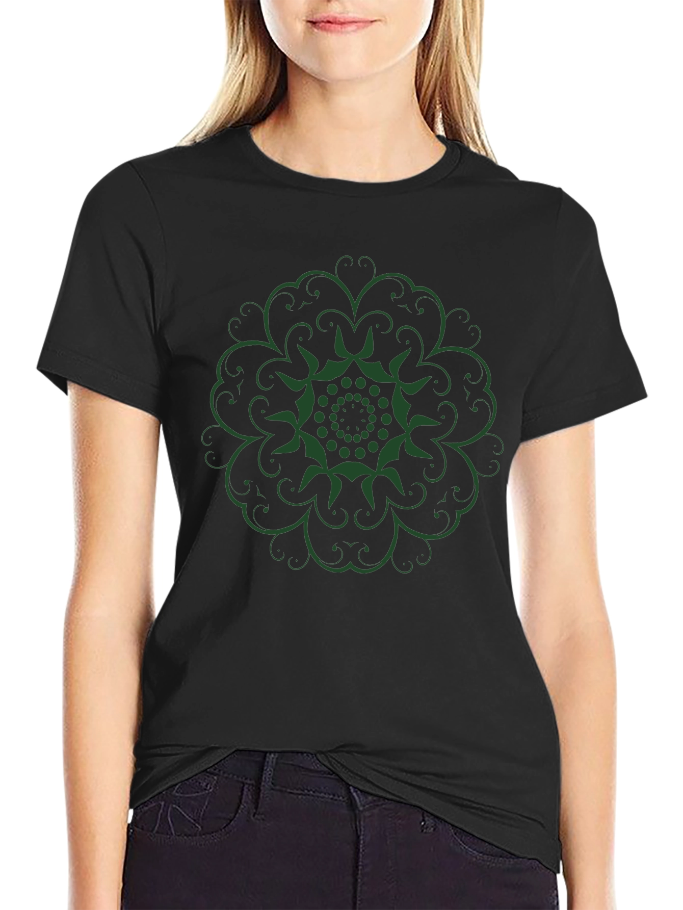 Green Mandala Black T-Shirt