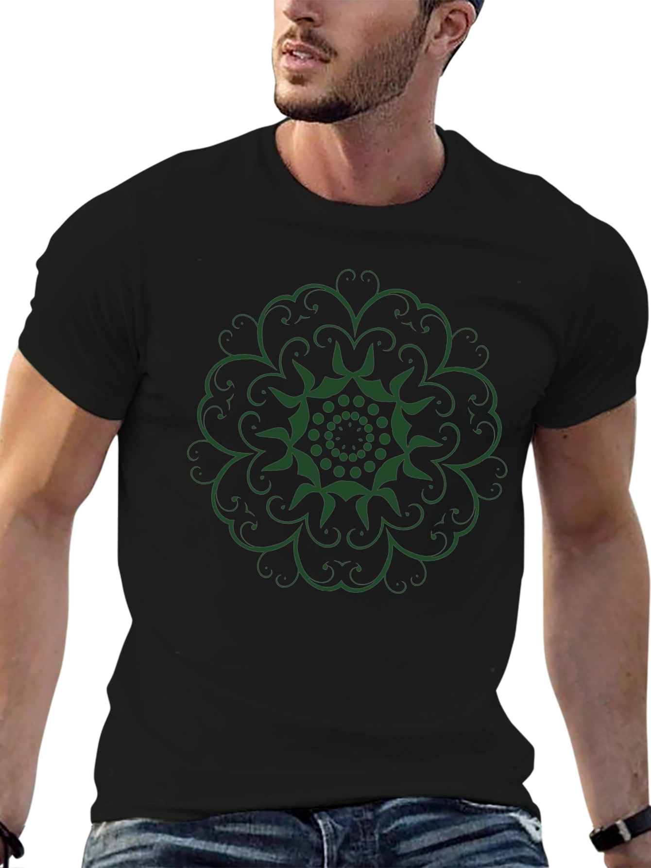 Green Mandala Black T-Shirt