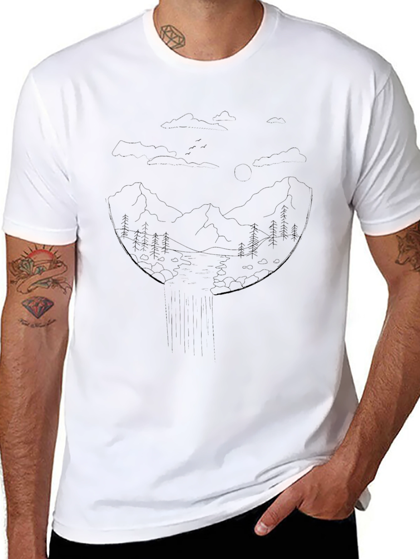 Mens Black T-Shirt - Mountain Landscape Design