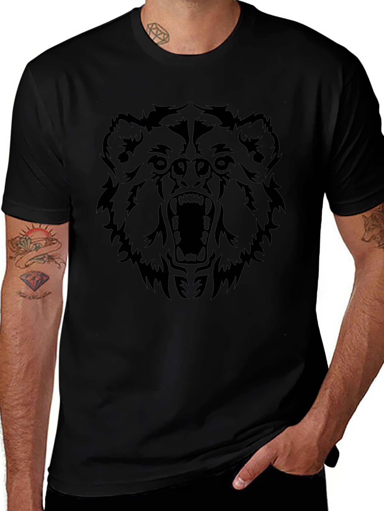 Roaring Bear Graphic Tee - Black Cotton T-Shirt