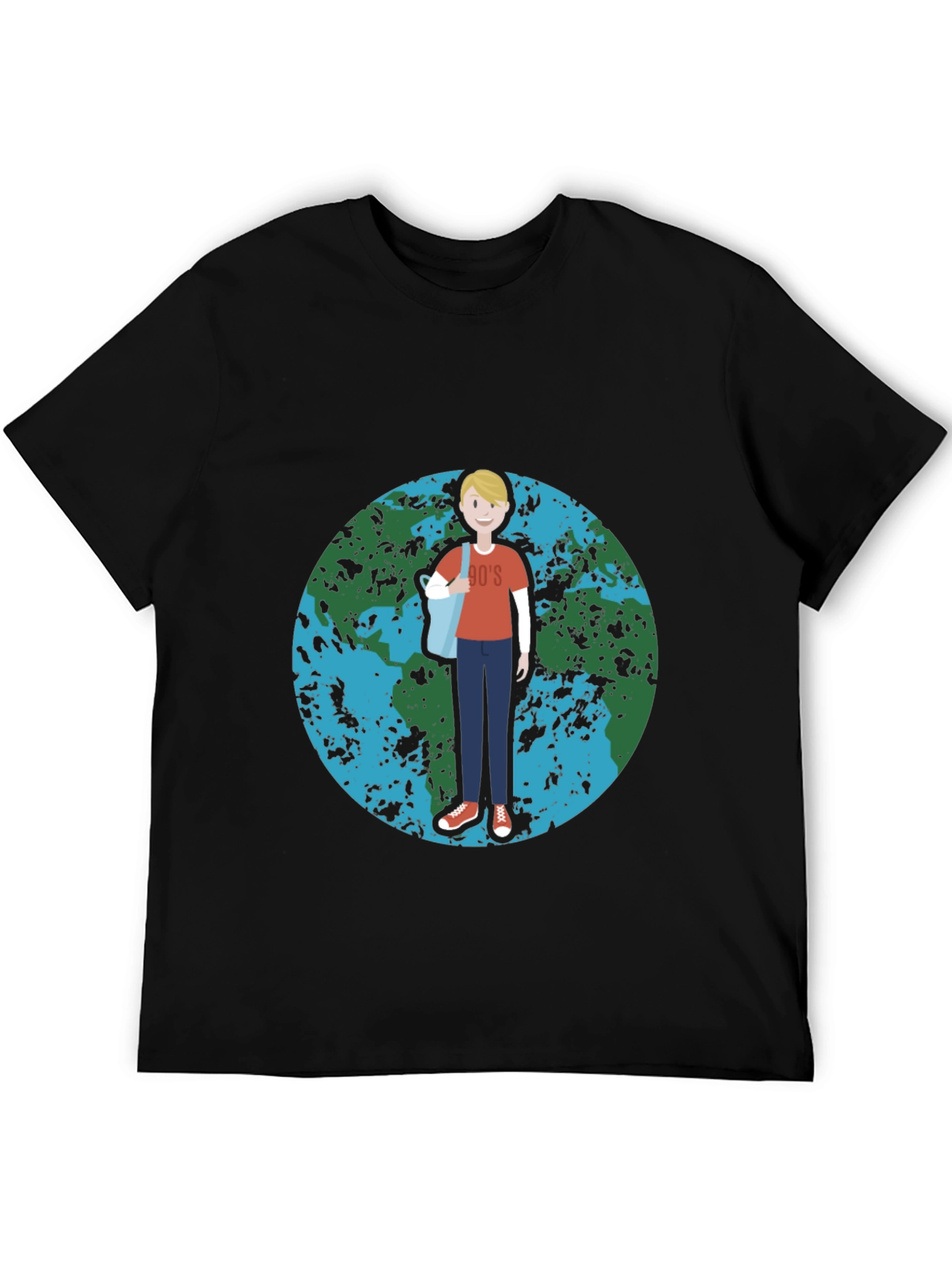 Retro 90s Cartoon Earth Graphic Black T-Shirt