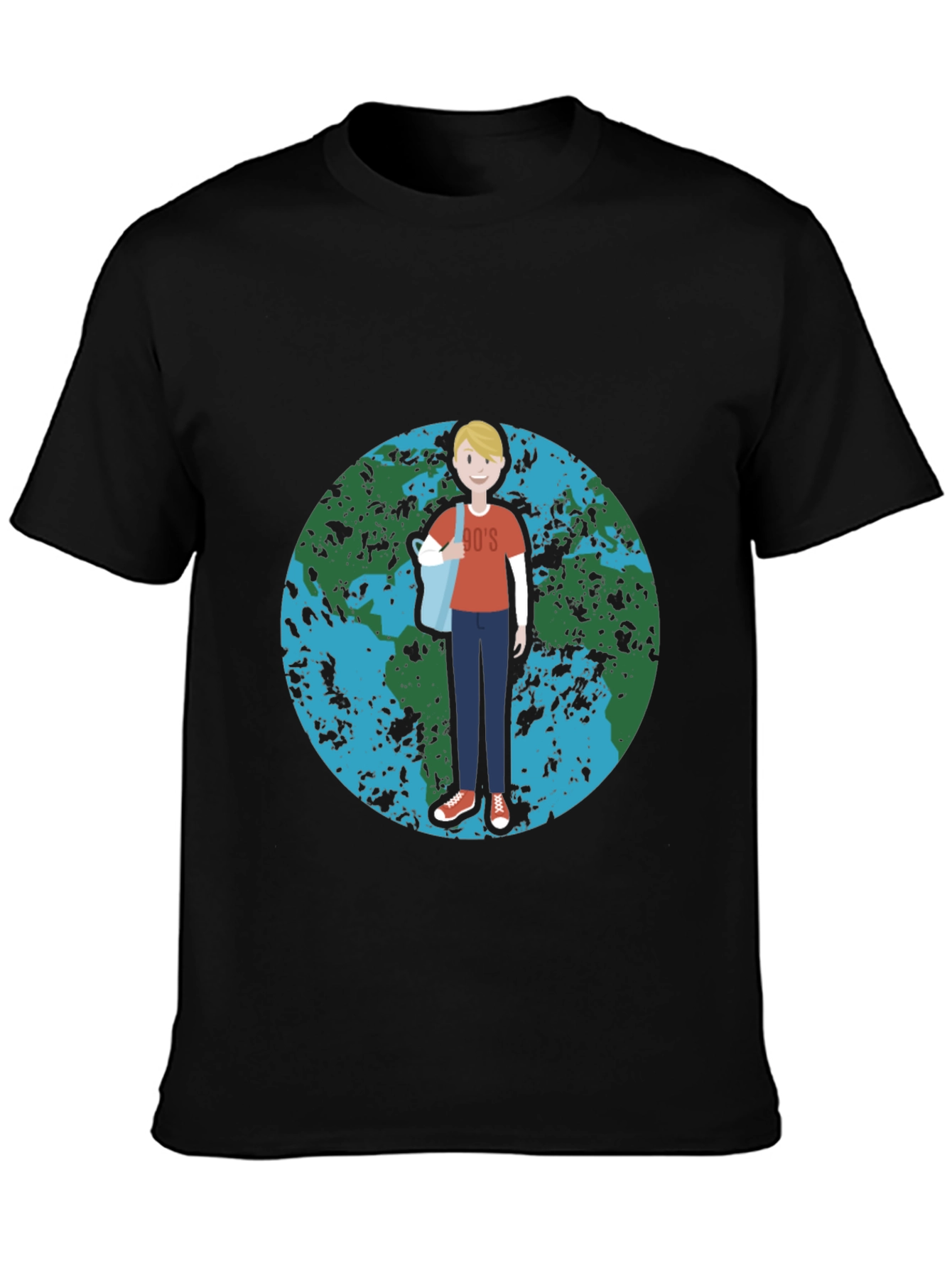Retro 90s Cartoon Earth Graphic Black T-Shirt