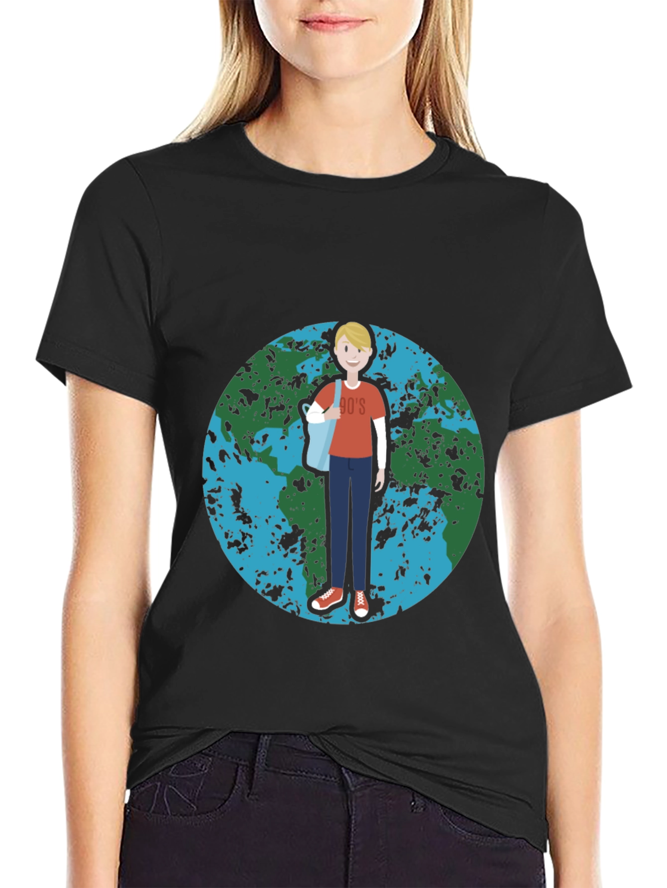 Retro 90s Cartoon Earth Graphic Black T-Shirt
