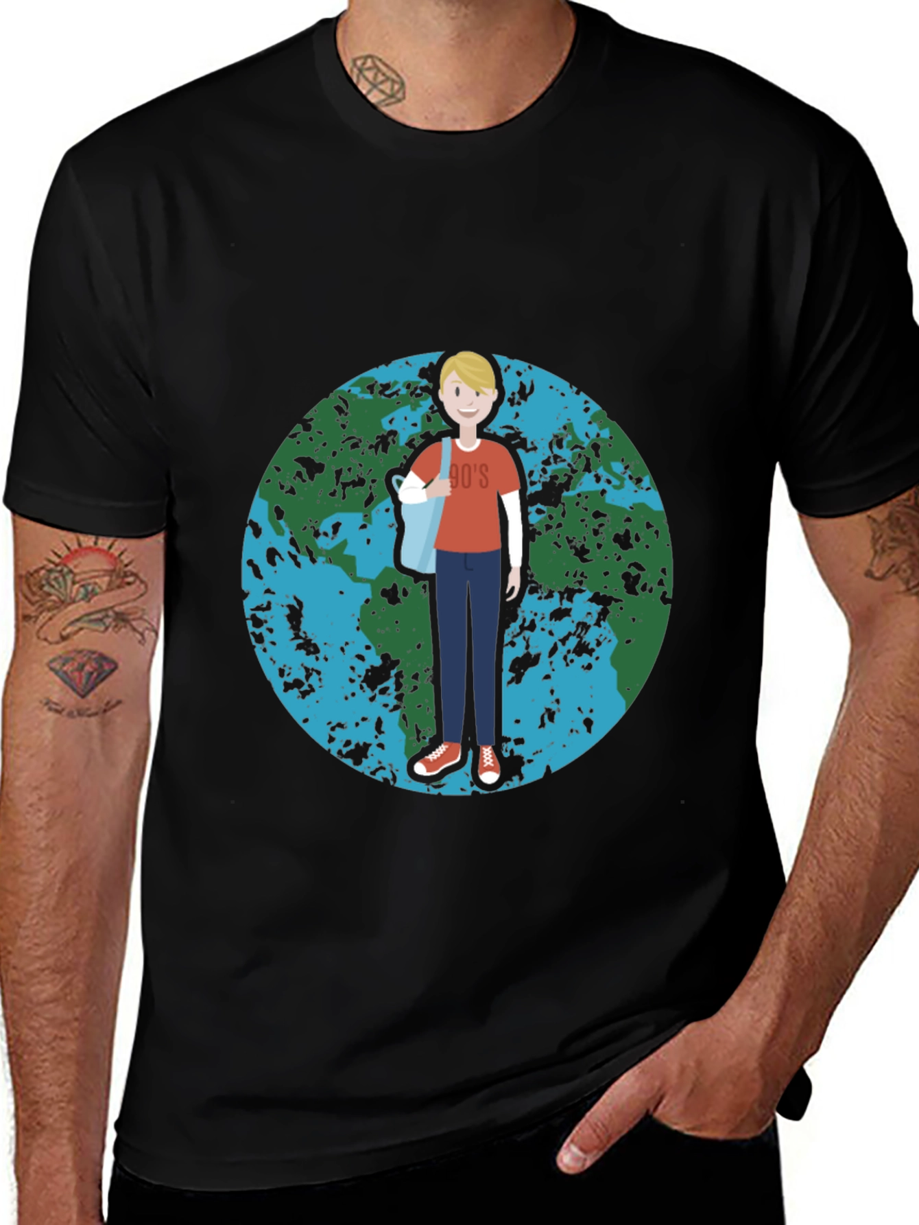 Retro 90s Cartoon Earth Graphic Black T-Shirt