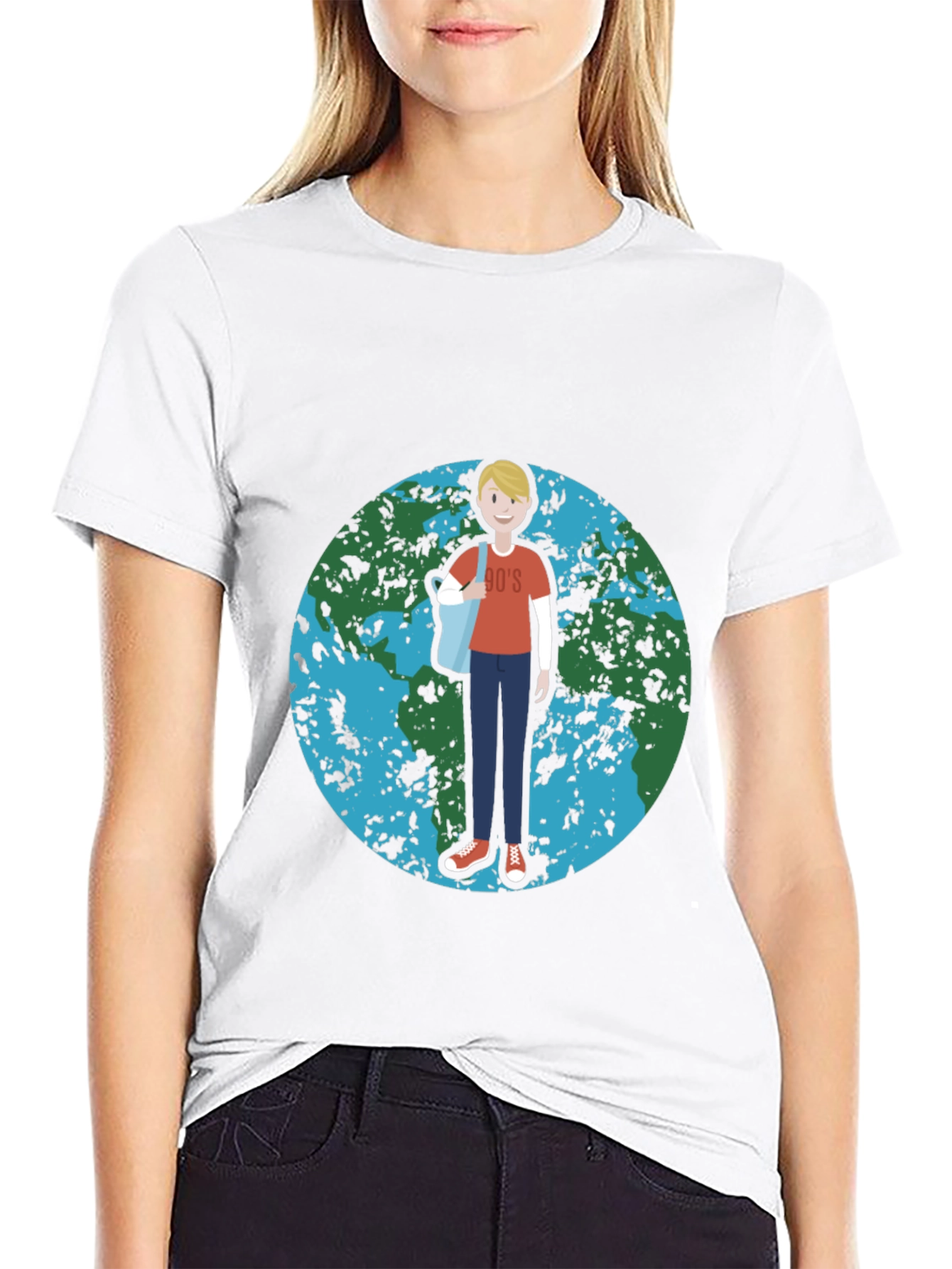 Retro 90s Cartoon Earth Graphic Black T-Shirt