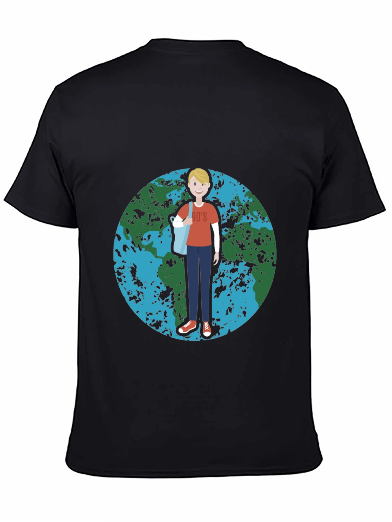 Retro 90s Cartoon Earth Graphic Black T-Shirt