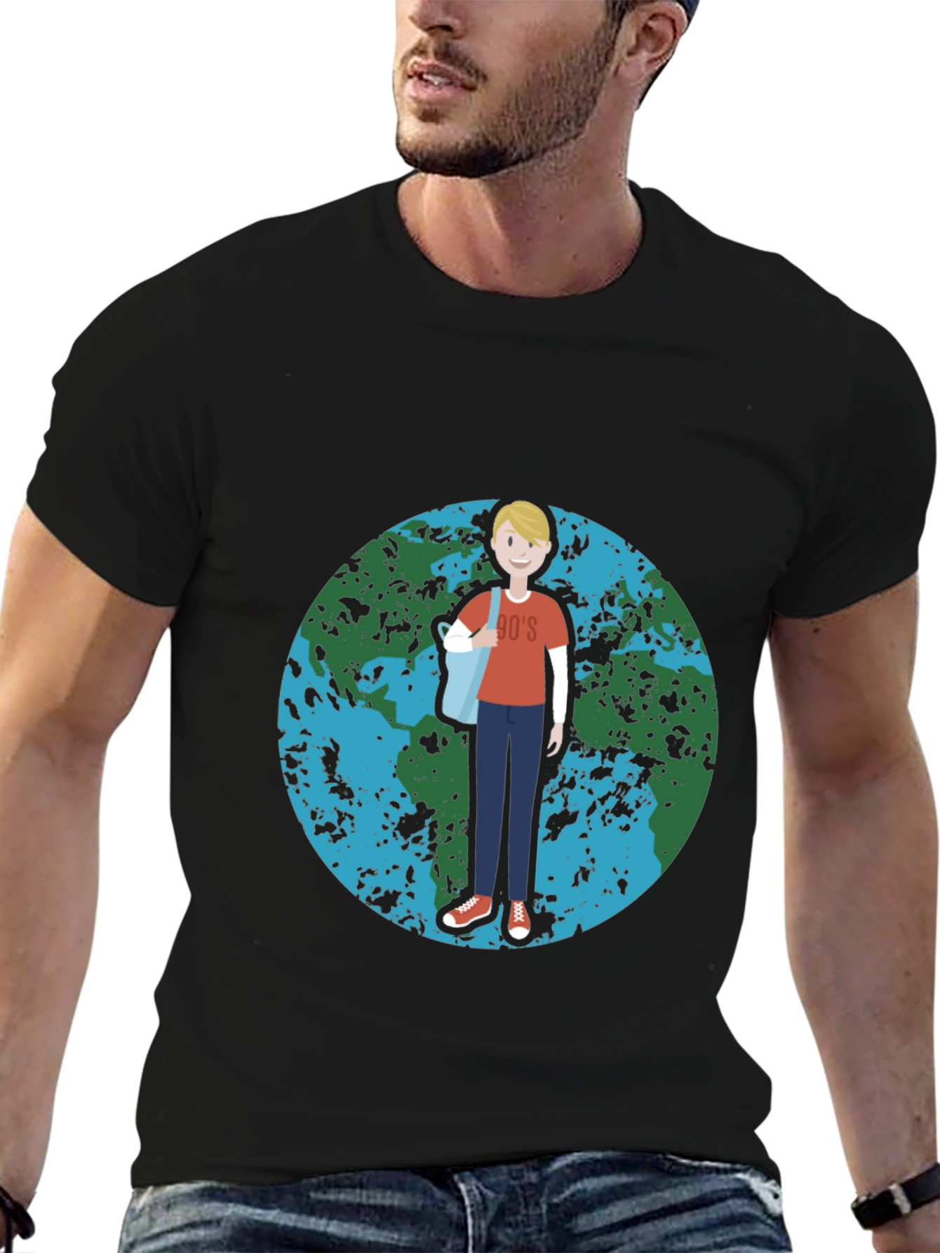 Retro 90s Cartoon Earth Graphic Black T-Shirt