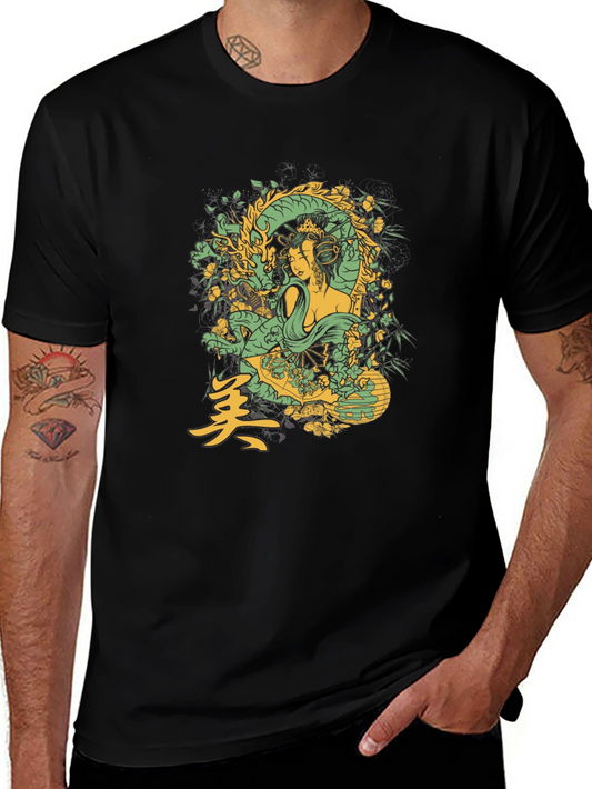 Geisha Dragon Graphic Tee - Black Cotton T-Shirt