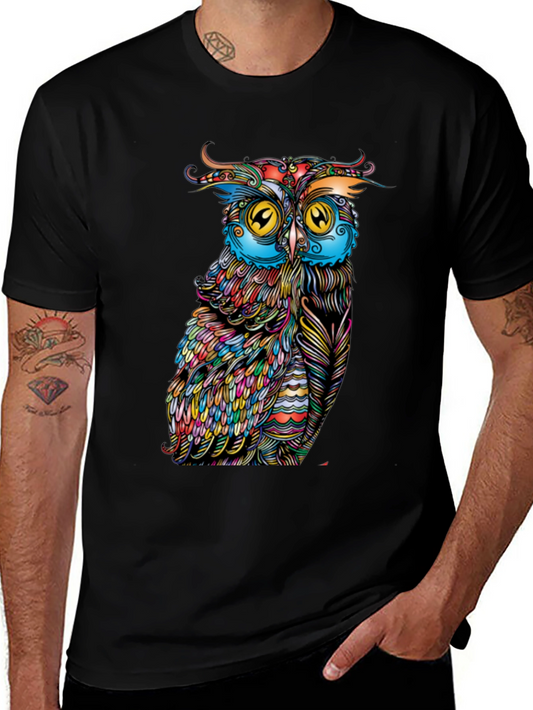 Colorful Owl Graphic Print Black T-Shirt