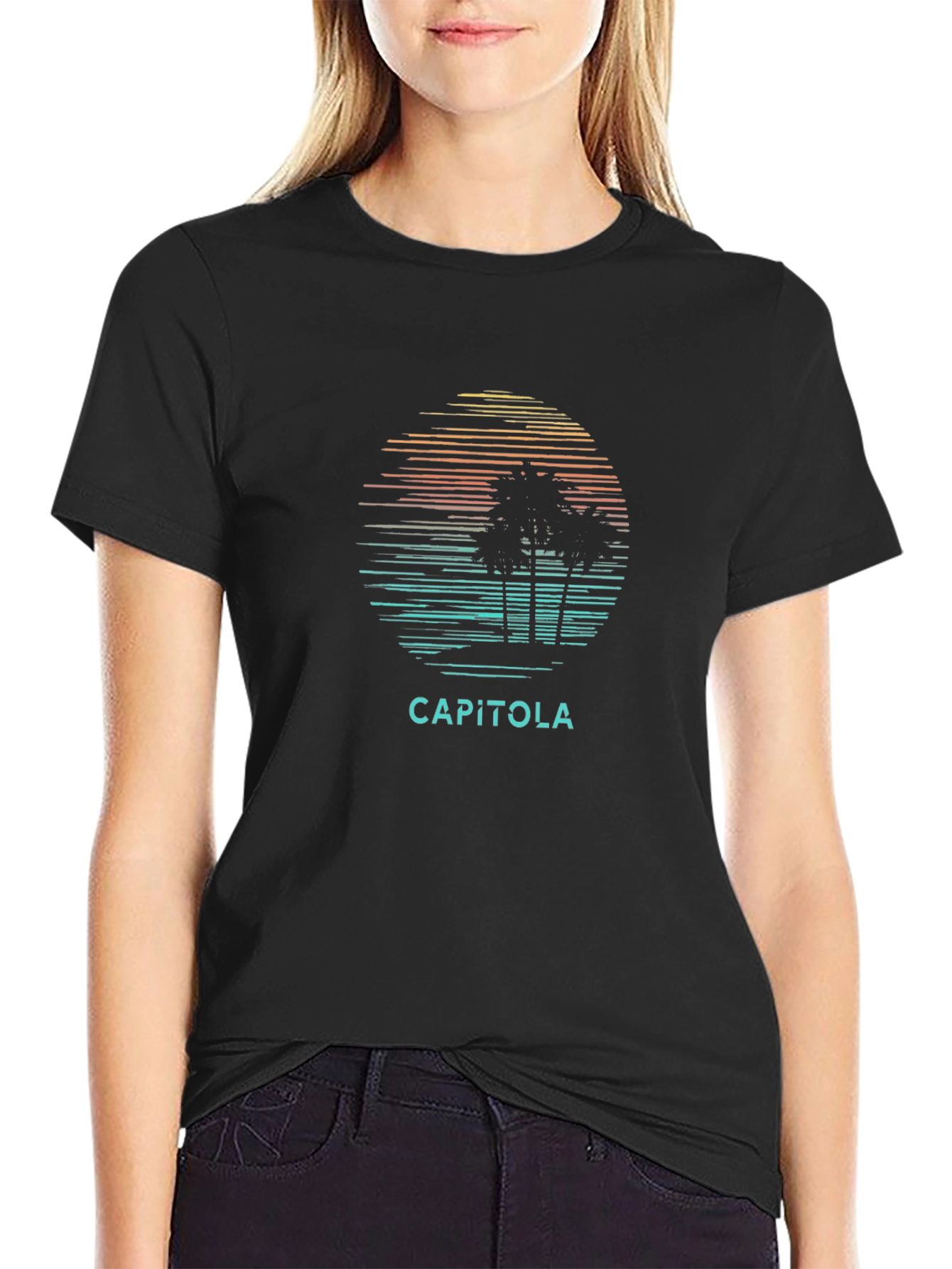 Capitola Palm Tree Sunset Black Graphic Tee