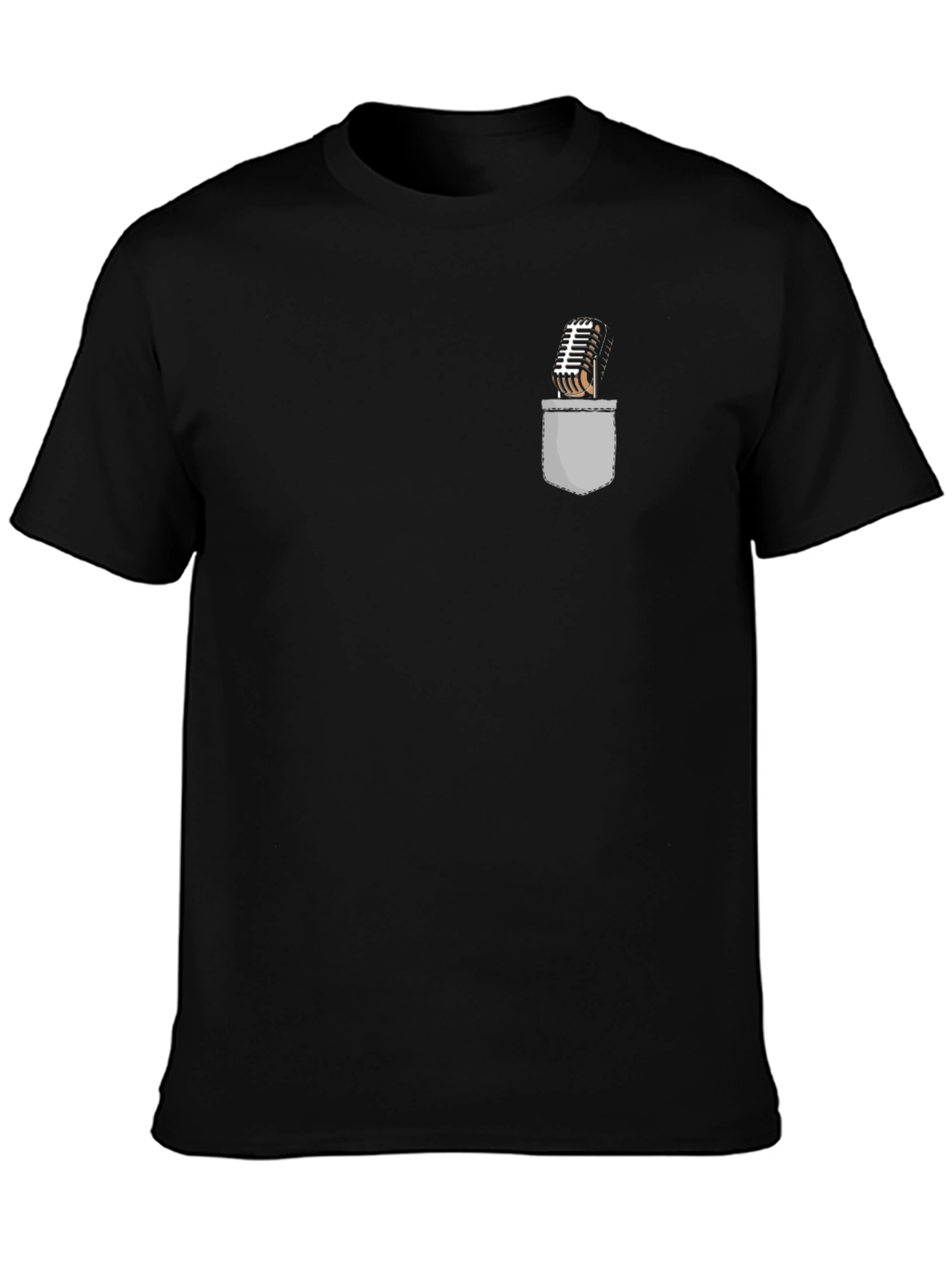 Retro Microphone Pocket Print Black T-Shirt