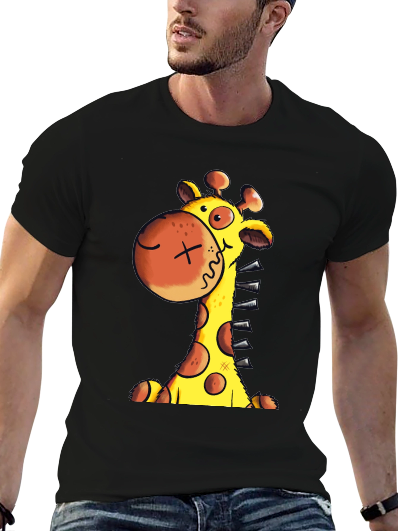 Cartoon Giraffe Graphic T-Shirt - Unisex Black Tee