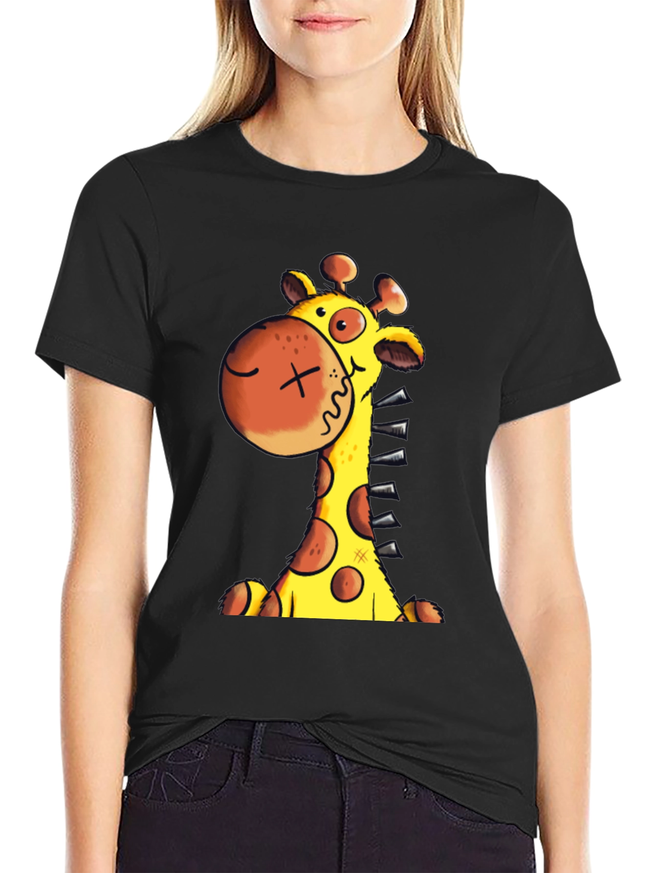 Cartoon Giraffe Graphic T-Shirt - Unisex Black Tee