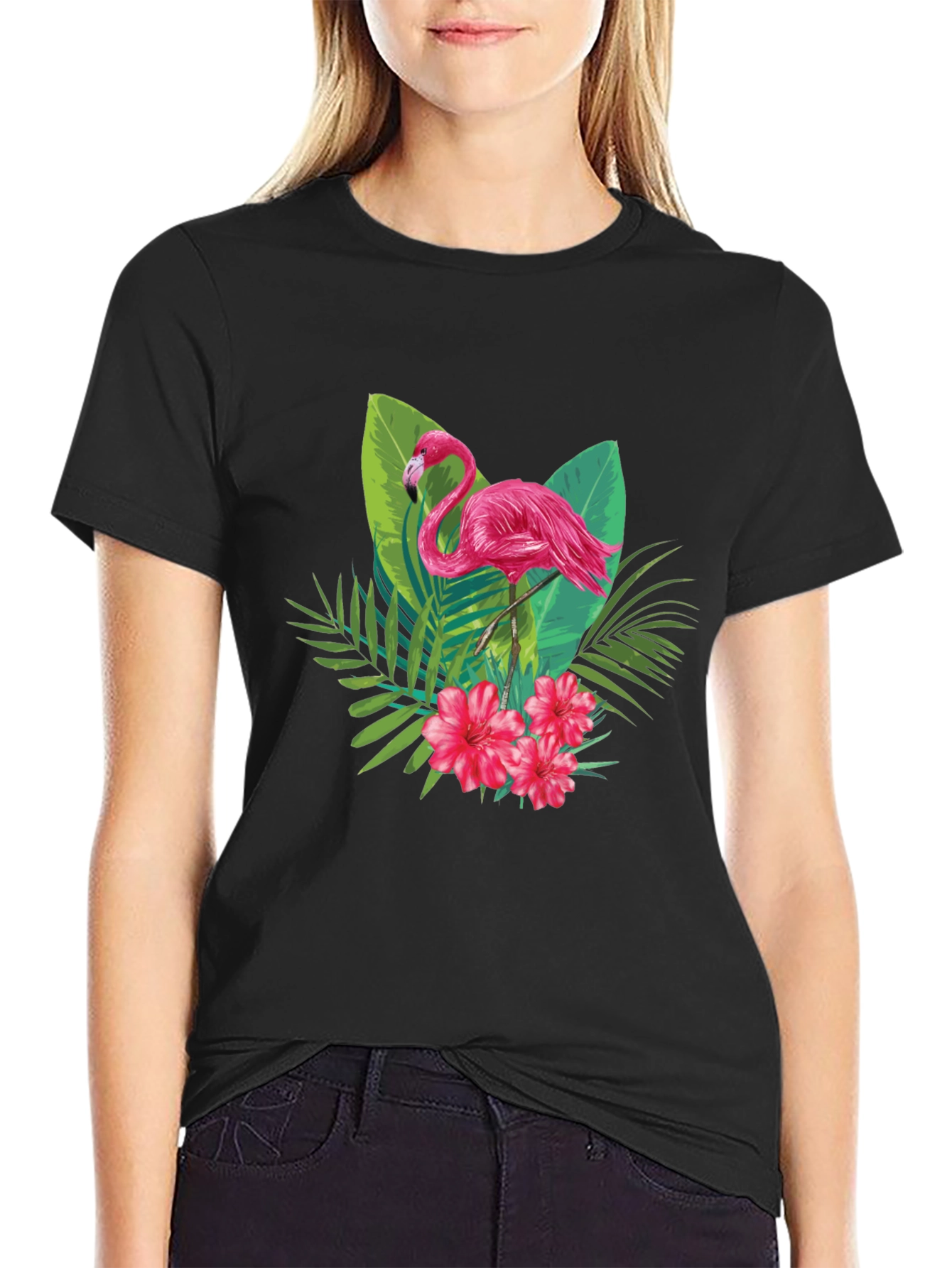 Tropical Flamingo Graphic Black T-Shirt