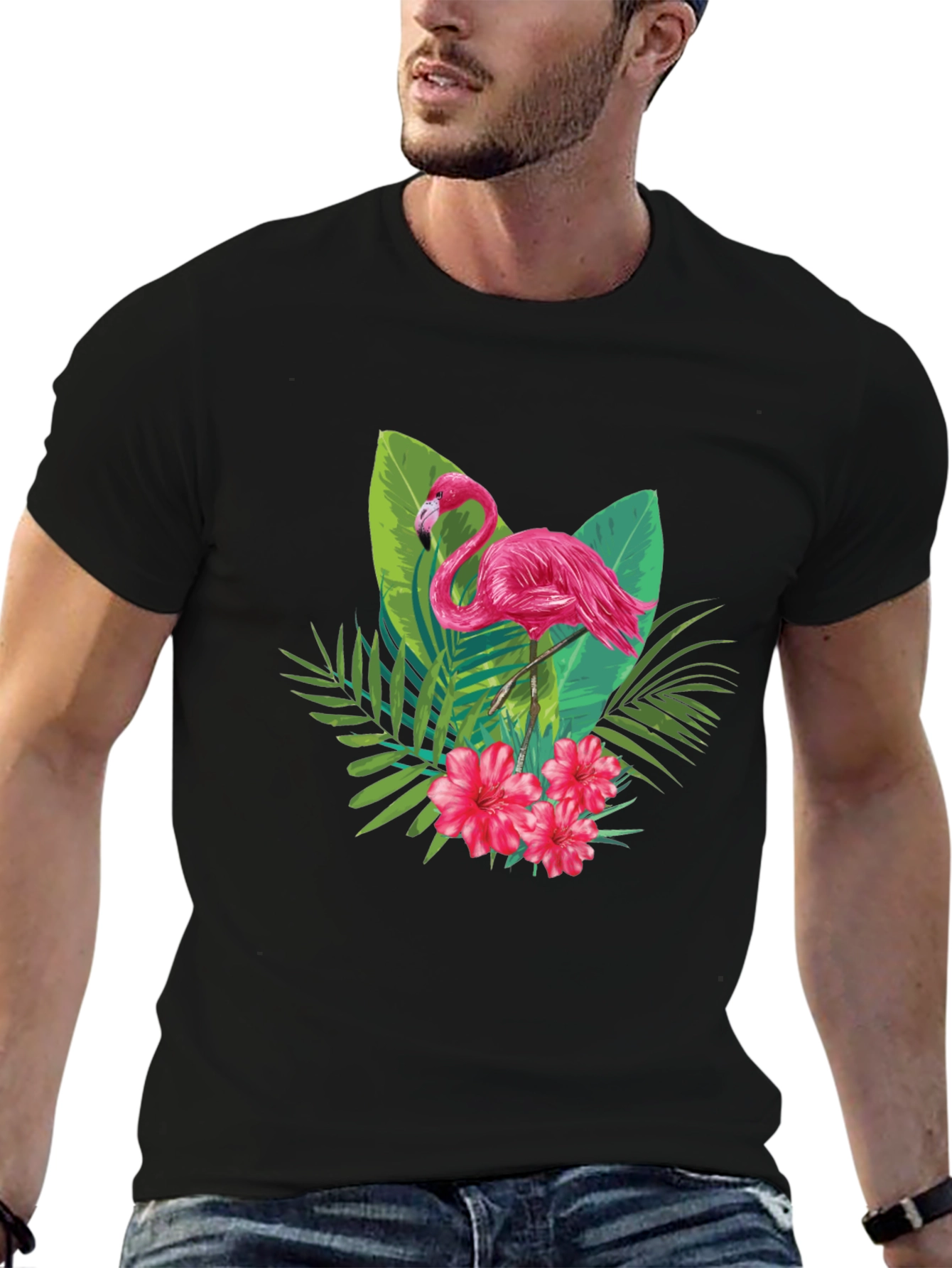 Tropical Flamingo Graphic Black T-Shirt