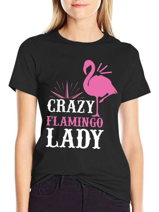 Crazy Flamingo Lady Graphic Tee - Black Cotton T-Shirt