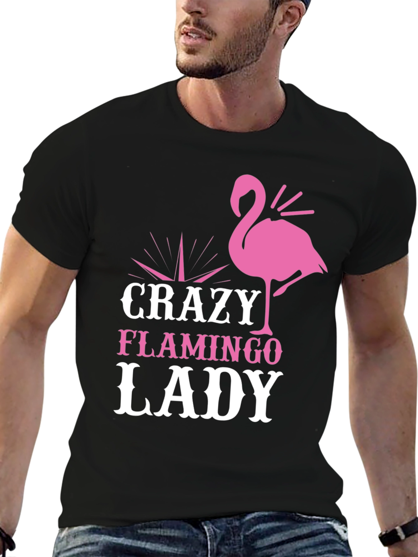 Crazy Flamingo Lady Graphic Tee - Black Cotton T-Shirt