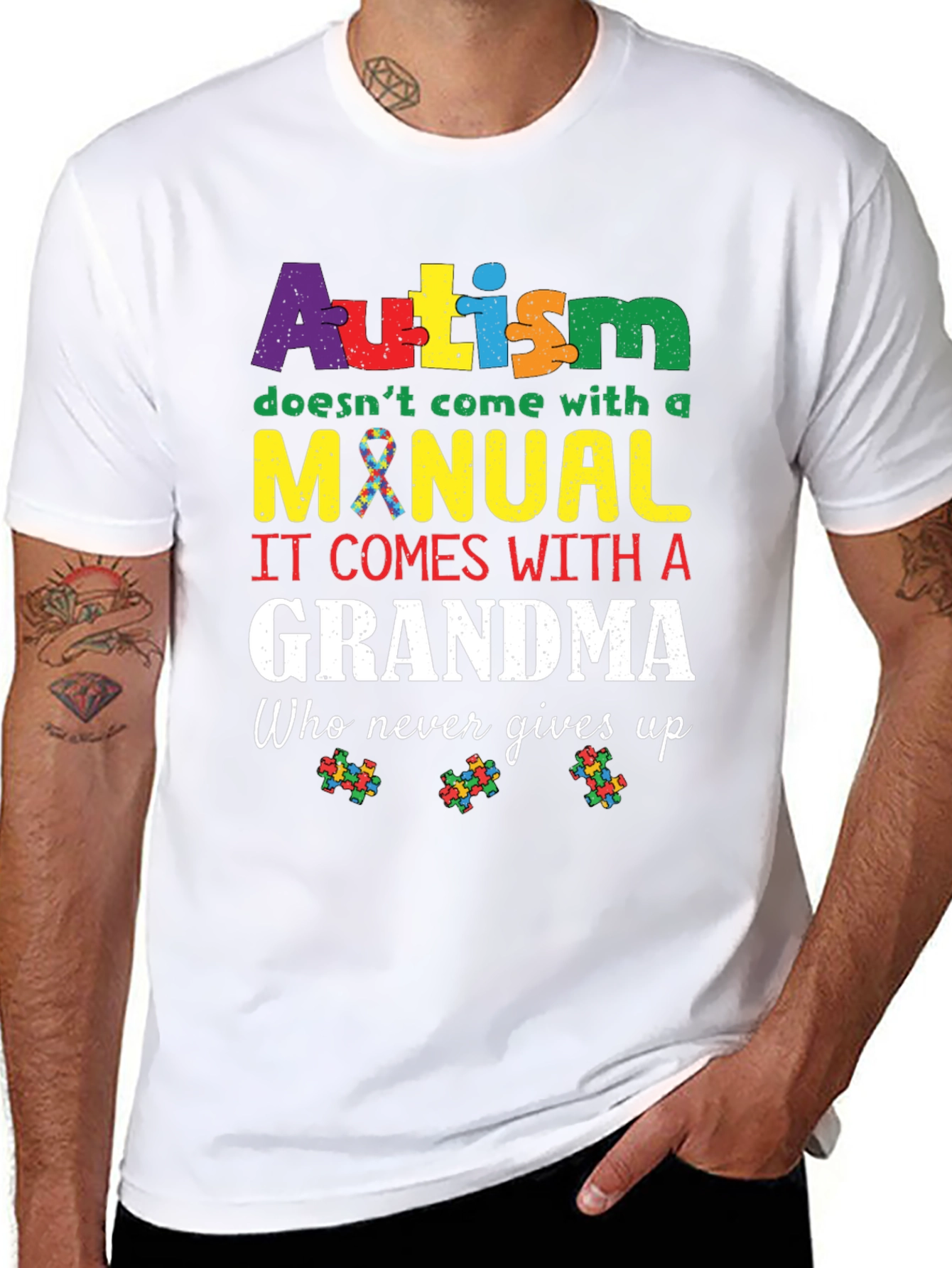 Autism Grandma T-Shirt:  Never Gives Up Support Tee