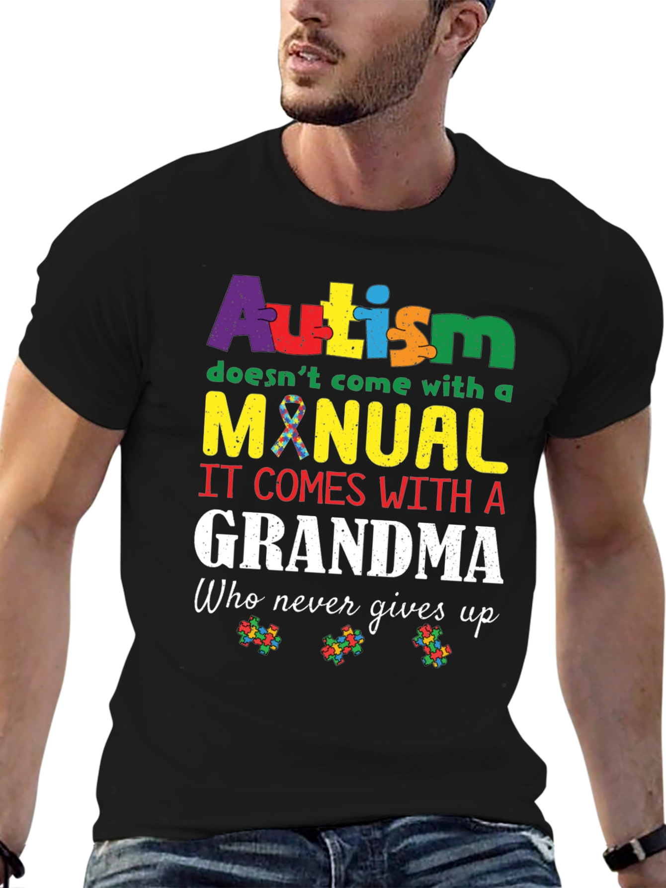 Autism Grandma T-Shirt:  Never Gives Up Support Tee