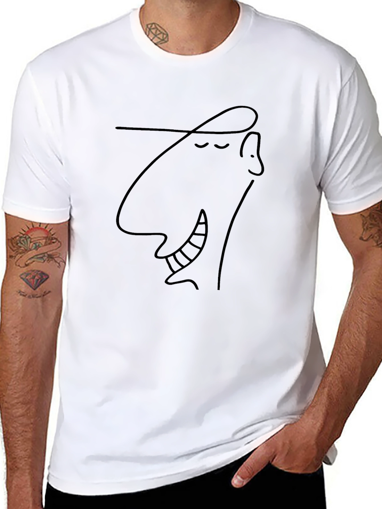 Abstract Face Line Art Graphic Tee - Black